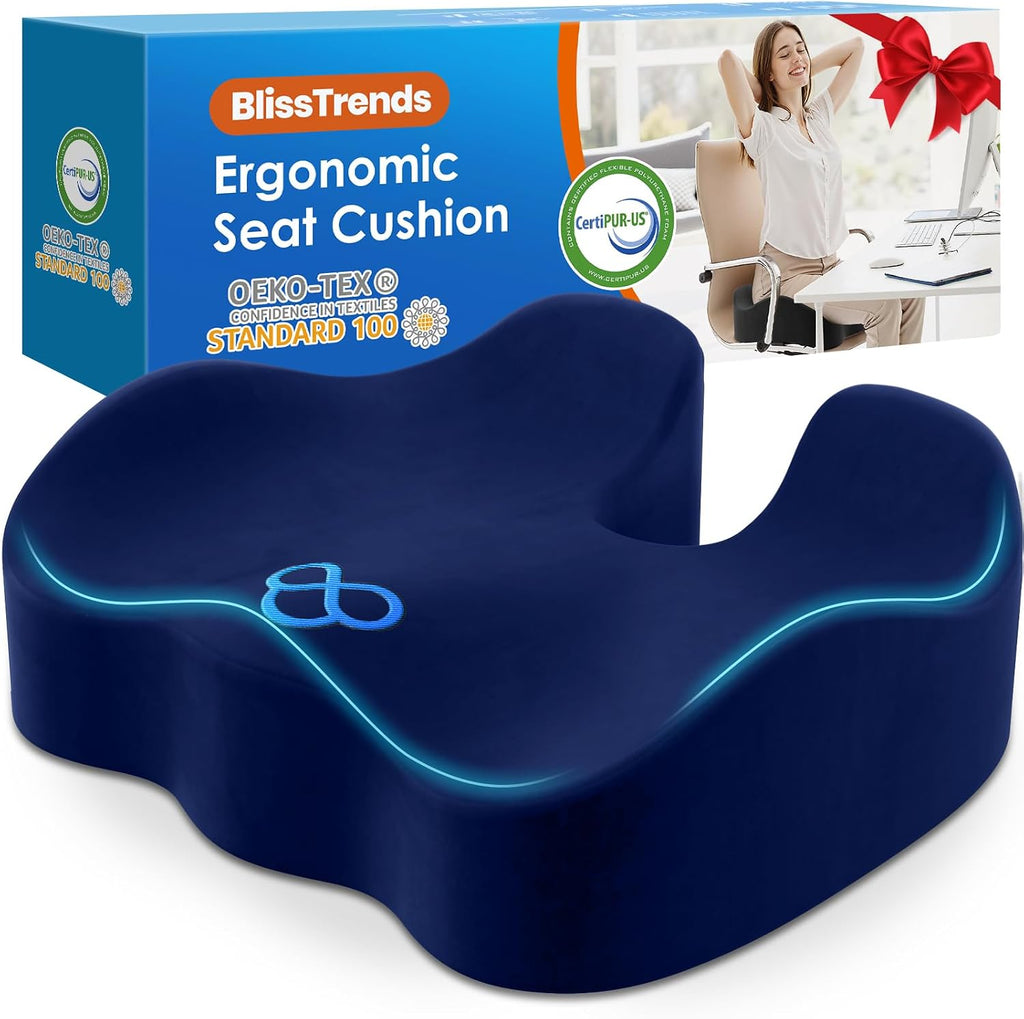 BlissTrends Seat Cushion, Thick Memory Foam Cushions for Office Chair, Car Seat, Airplane, Relieving Pressure Tailbone Sciatica Back Pain fo…