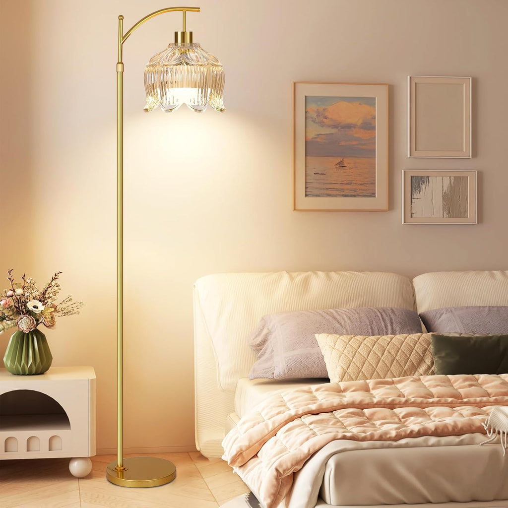 QIYIZM Flower Floor Lamp for Living Room, Bedroom, Gold Dimmable Standing Lamp with Remote, Glass Mid Century Modern Brass Tall Lamp Boho…