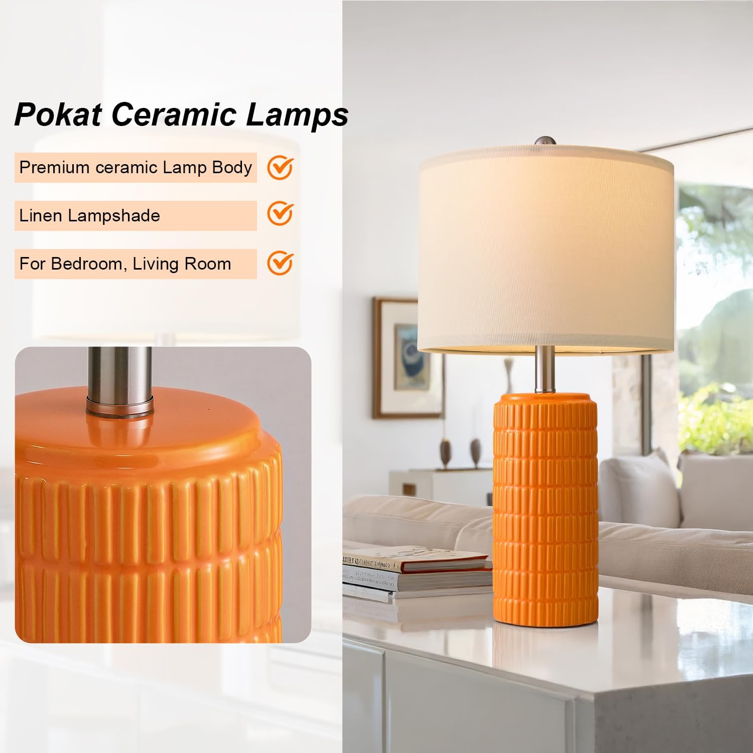 PoKat 23" Orange Table Lamps Decor for Living Room Set of 2, Modern Living Room Lamps for End Table, Ceramic Table Lamps for Bedroom…