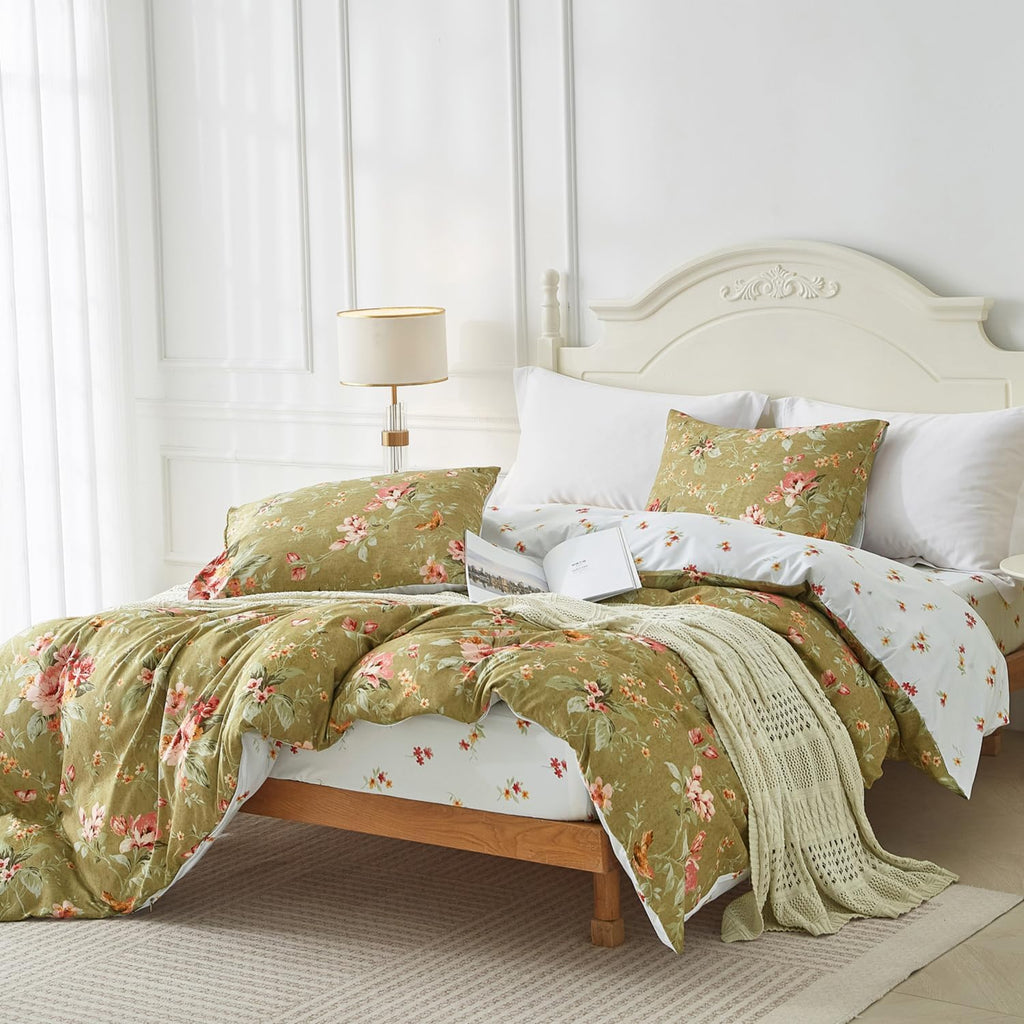 mixinni Duvet Cover King Size, Long Staple Cotton Reversible Green Floral Duvet Cover Set with Zipper Ties, 3 Pieces Botanical Pink Flowers…