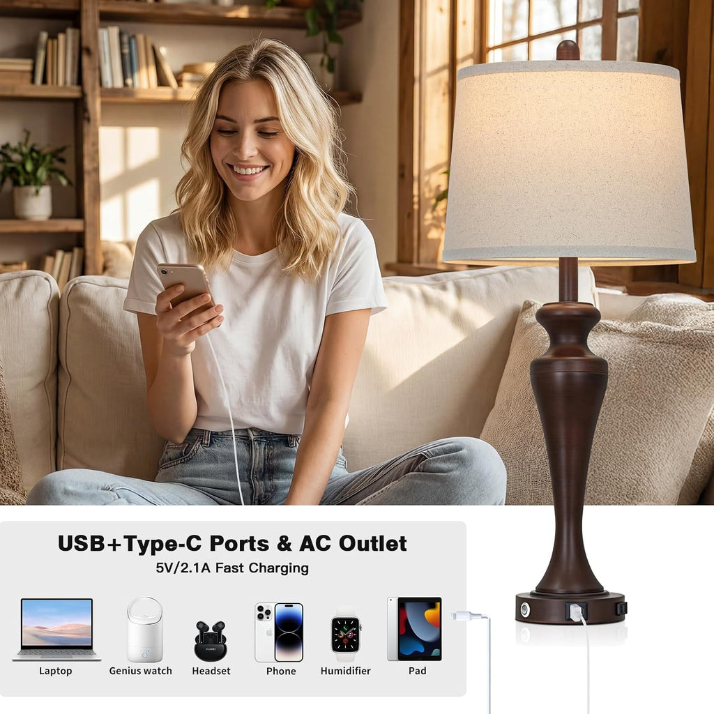 Ruzectt 30 Inch Brown Table Lamps Set of 2, 3-Way Dimmable Touch Bedside Lamp with USB A+C Ports and AC Outlet, Tall Living Room Lamps…