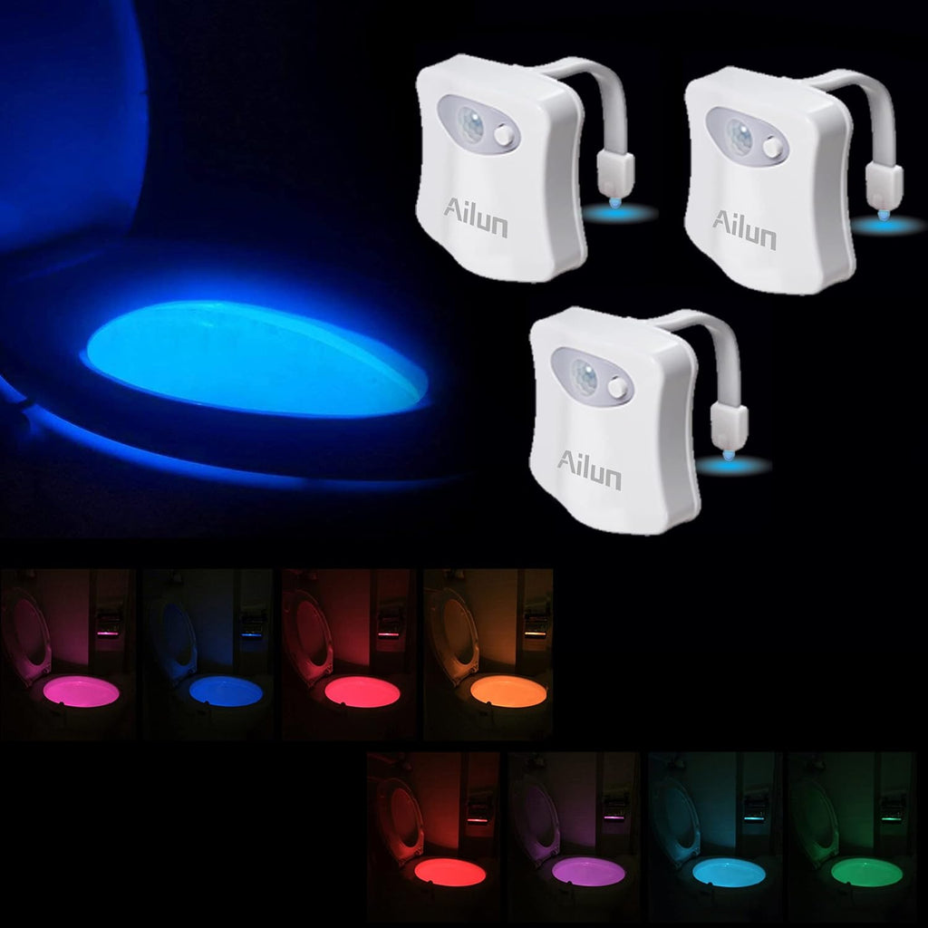 Ailun Toilet Night Light 3Pack Motion Activated LED Light 8 Colors Changing Toilet Bowl Illuminate Nightlight for Bathroom Battery Not…