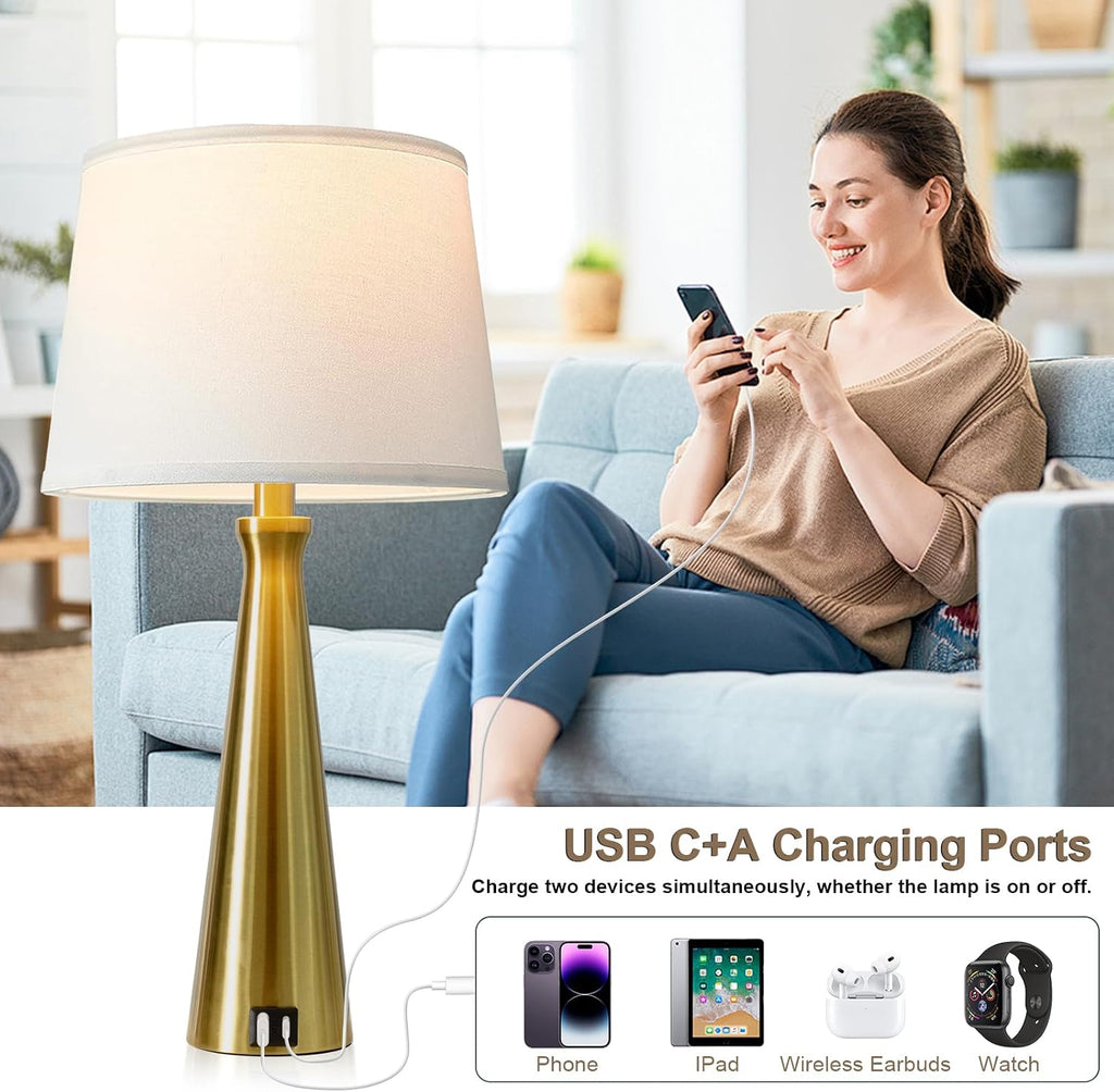Seealle Modern Table Lamps Set of 2 - Touch Bedside Lamps for Nightstand with Dual USB C+A,3-Way Dimmable Gold Nightstand Lamps for…