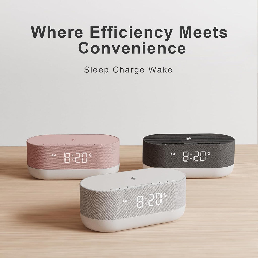 HOUSBAY 3 in 1 Sound Machine Alarm Clock& Wireless Charger: Soothing White Noise, Bluetooth Music Relaxation & Customized Sleep-Wake Routine