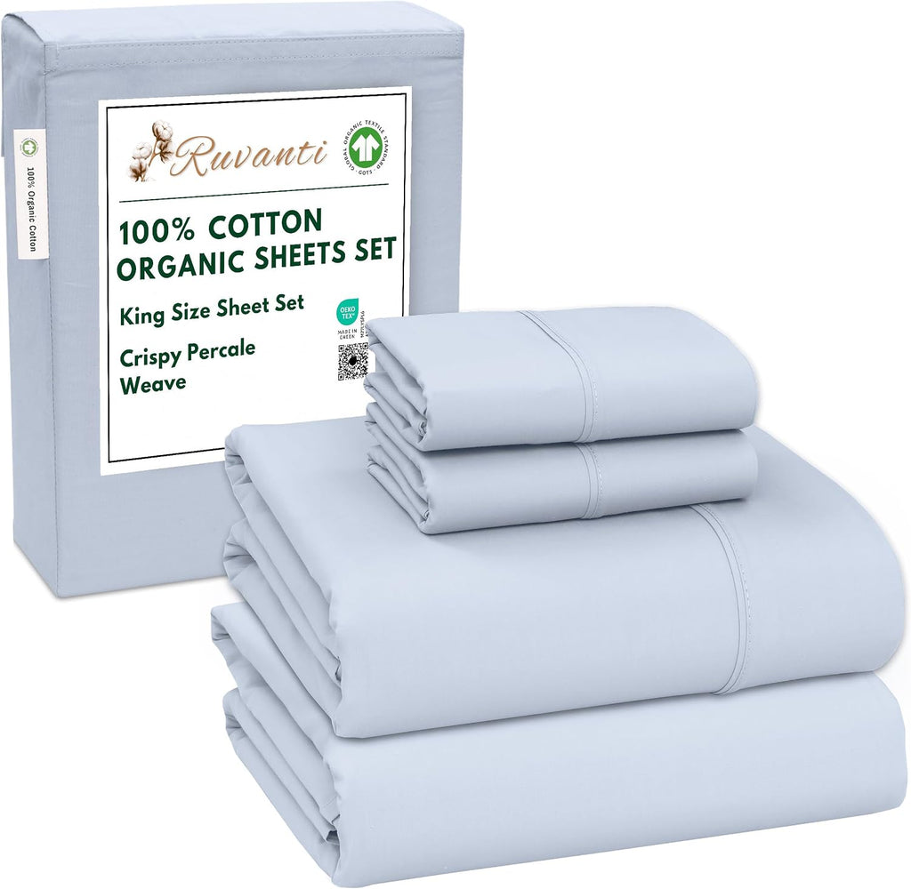 Ruvanti 100% Cotton Organic Percale Sheets King Size – Crisp Cooling Bed Sheets for Hot Sleepers, Deep Pocket 15”, Soft Peach Finish, Breat…