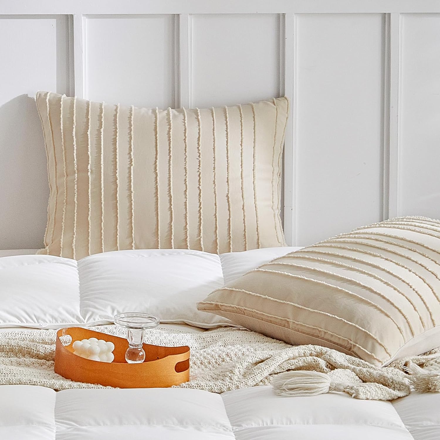 Warmdern Khaki Striped Pillow Covers Queen Pillow Cases Soft Microfiber Stripe Pillow Cases Set of 2 Boho Tufted Stripes Textured Pillowcas…