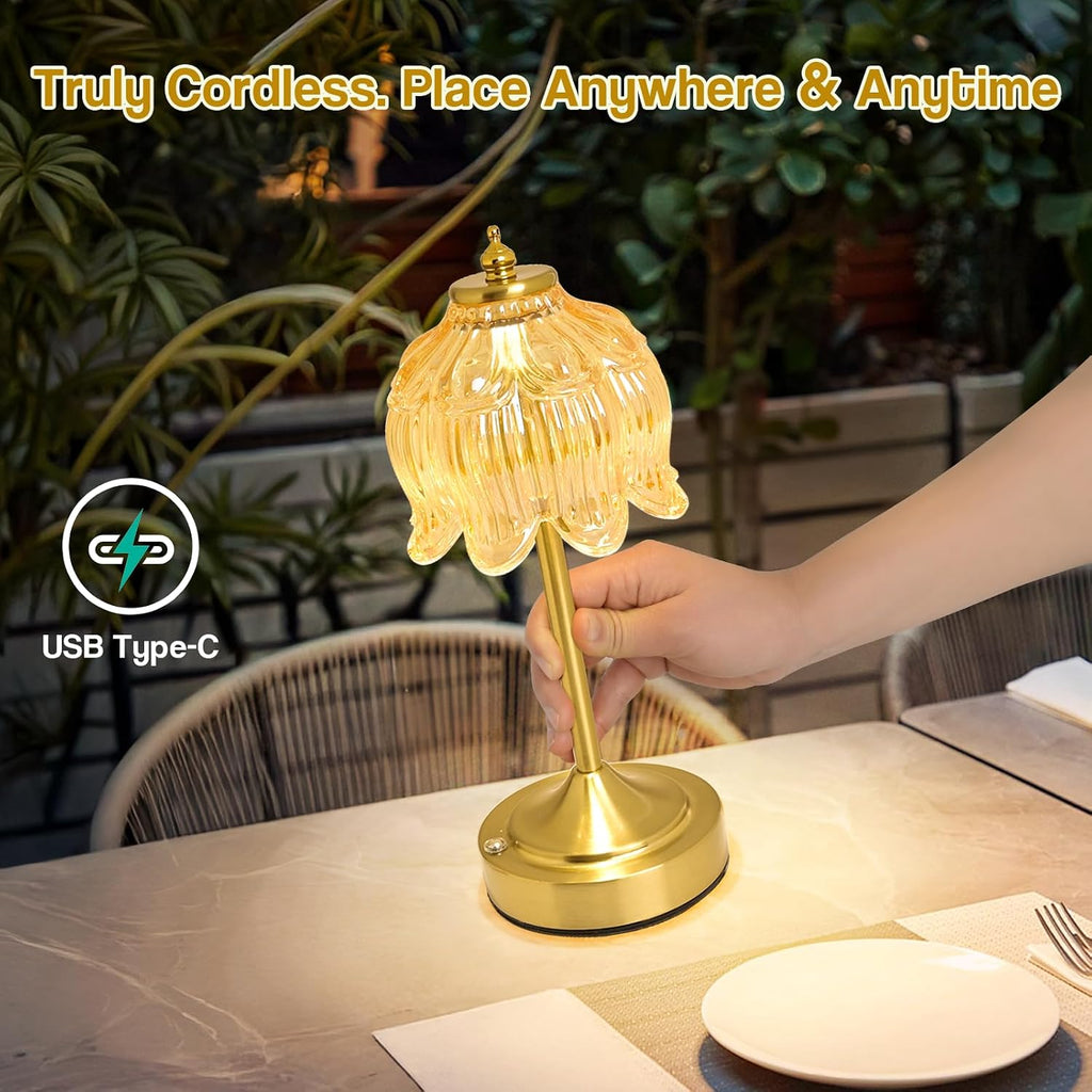 Cordless Lotus Flower Table Lamp, 5200mAh Rechargeable Battery Operated Portable Lamp, 3-Color Dimmable Touch Control Small Desk Lamp for…