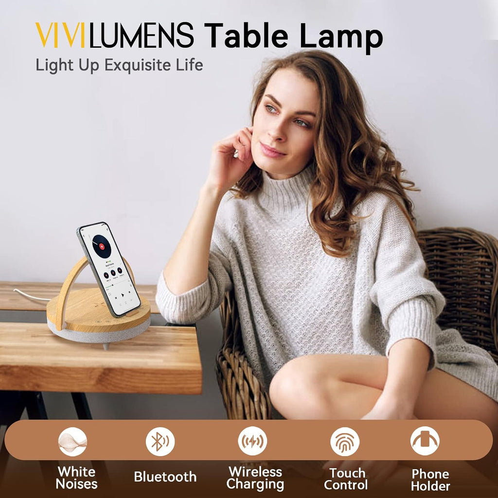 LightUpExquisiteLife Bedside Table LED Night Light with Wireless Charger and Bluetooth Speaker, Desk Lamp As White Noise Machine…