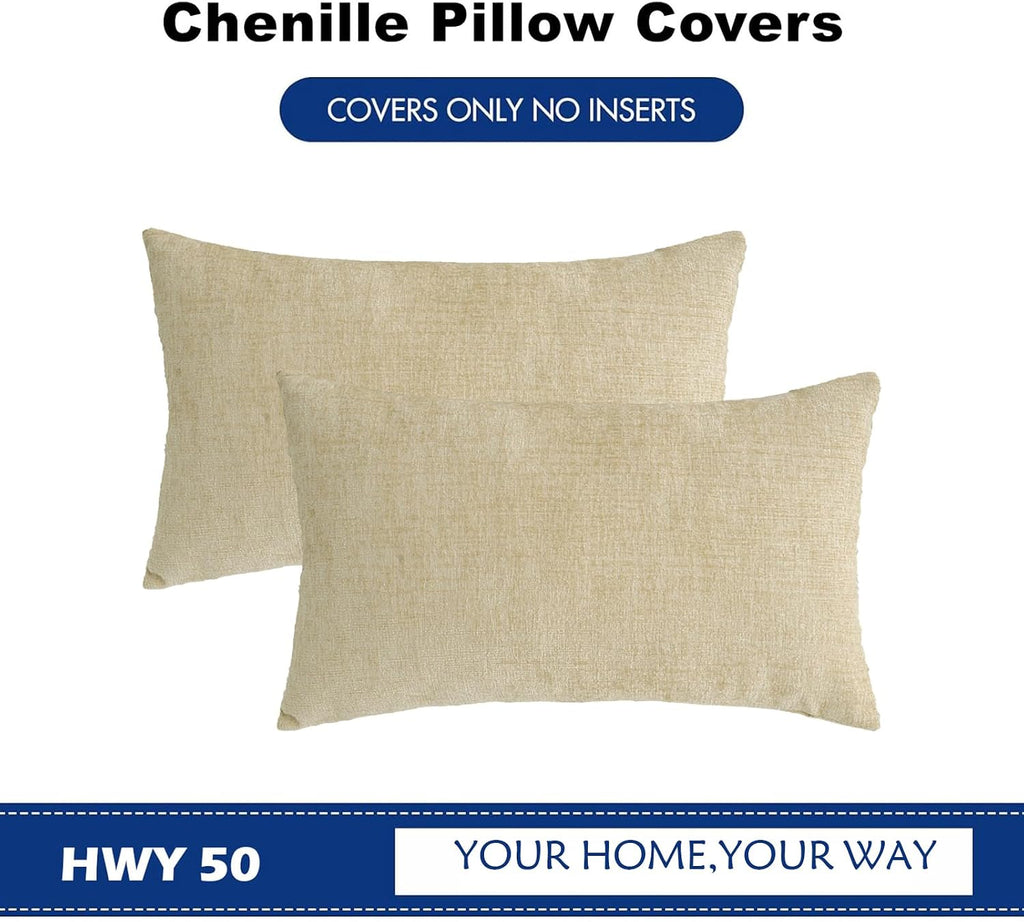 Hwy50 HWY 50 Beige Lumbar Pillow Covers 12x20 Inch Pack of 2, Soft Chenille Decorative Throw Pillow Covers Farmhouse for Couch Sofa Living…