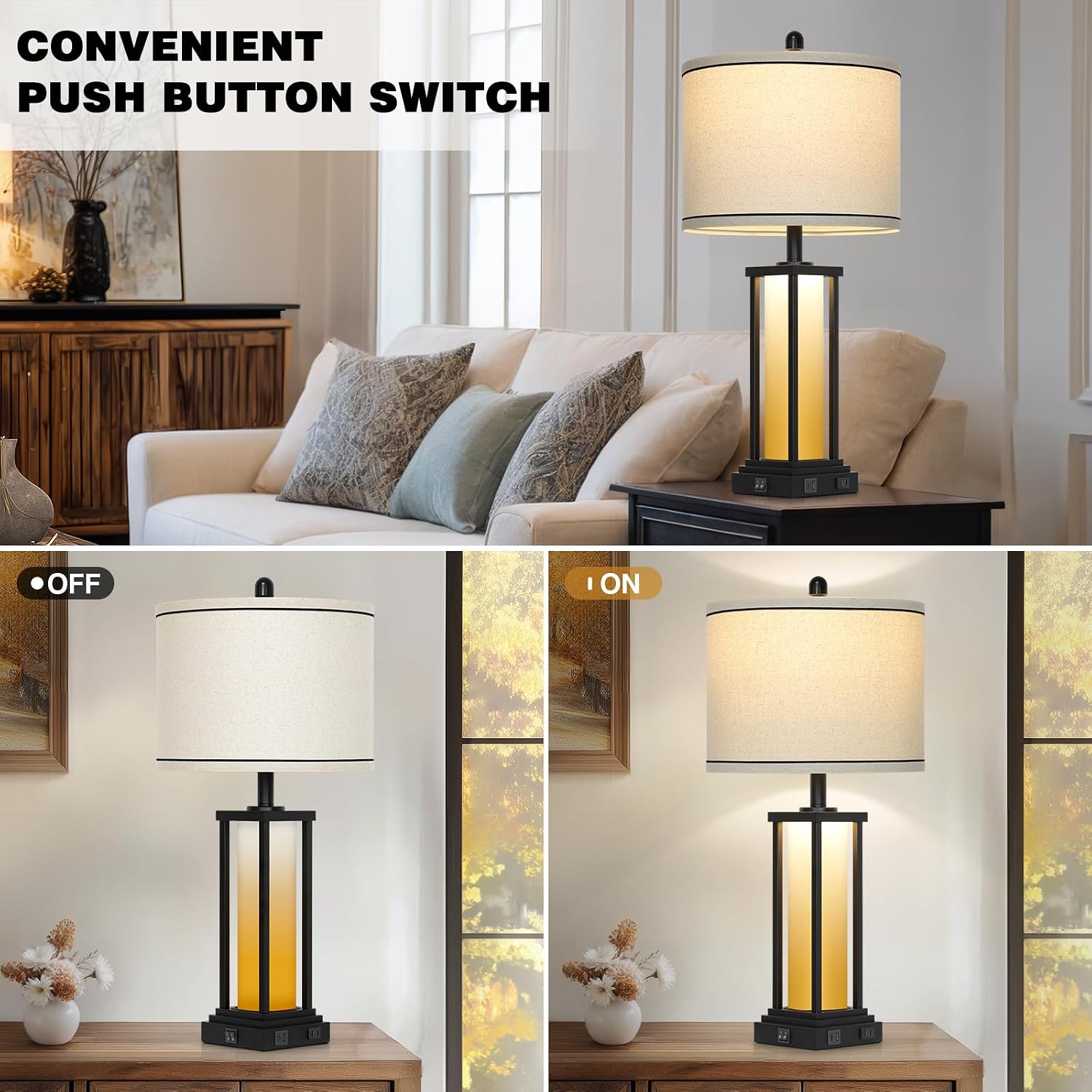 Cinkeda 27" Tall Vintage Table Lamp Set of 2 with USB C+A & Outlet, Farmhouse Nightstand Lamp for Living Room, Rustic Retro Bedside Lamps…