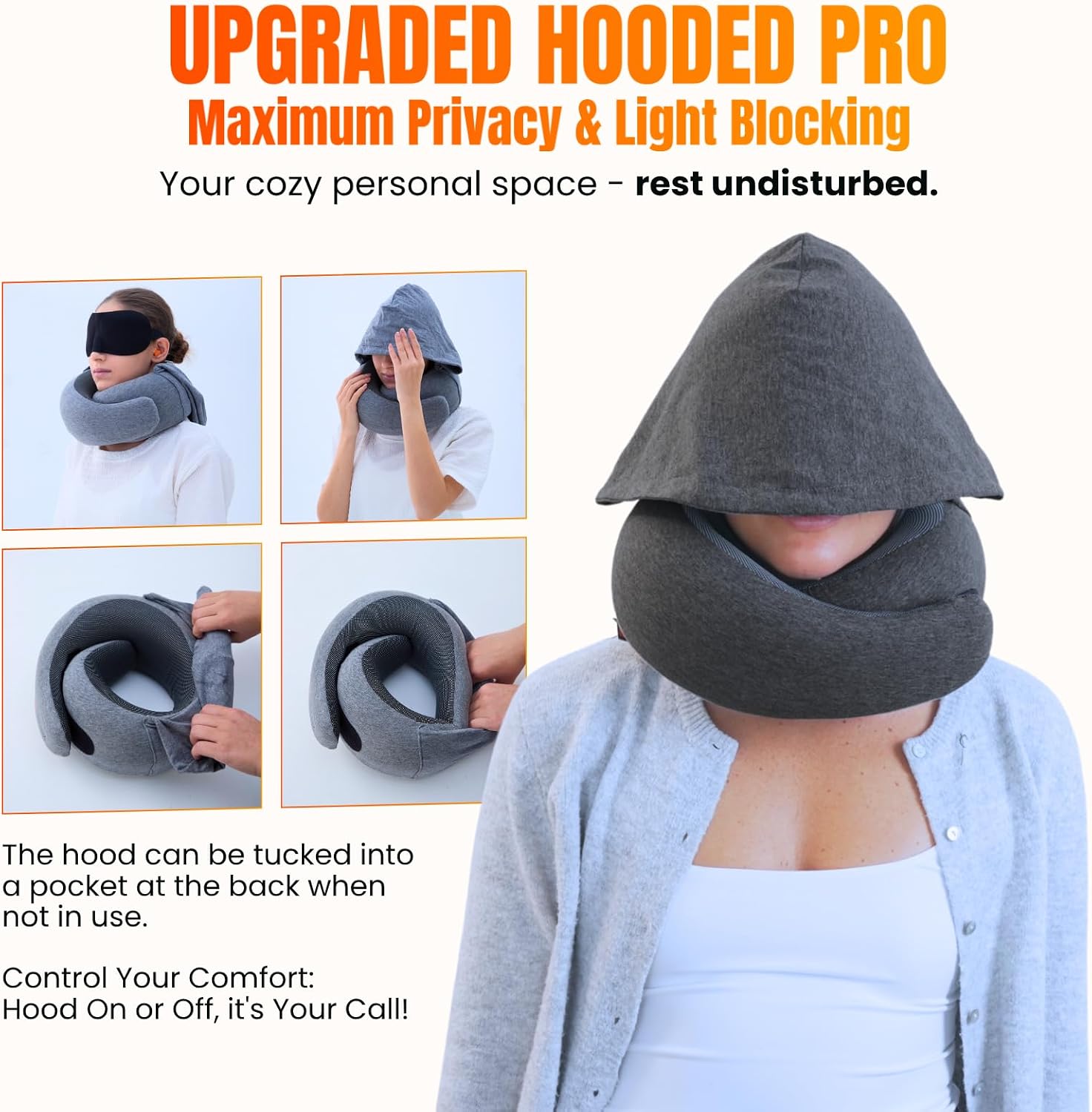 LOEXAIRTM Hooded Pro Travel Pillow - Memory Foam Neck Support Pillow for Airplane, Flight - Super-Soft Pure Cotton Fabric, Maximum Privacy…