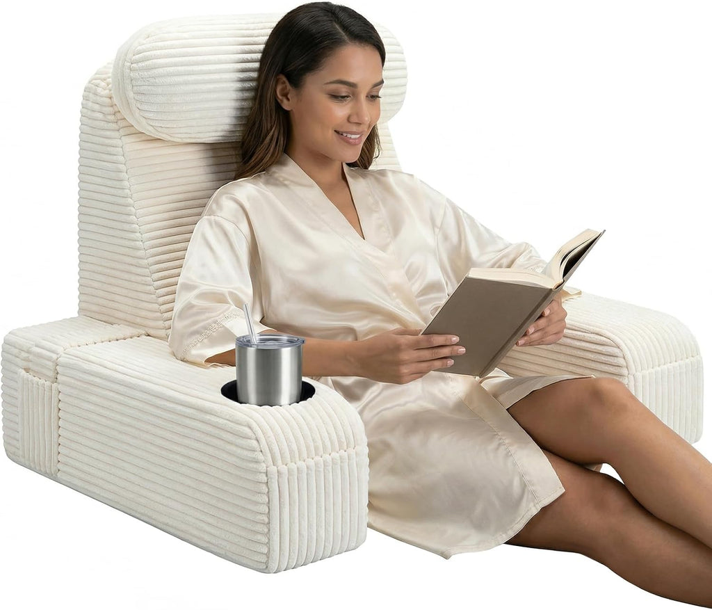 Reading Pillow/Backrest Pillow with Arms, Cup Holder & Phone Pocket - Bed Rest Pillow with Adjustable Headrest, Corduroy Fabric for Back…