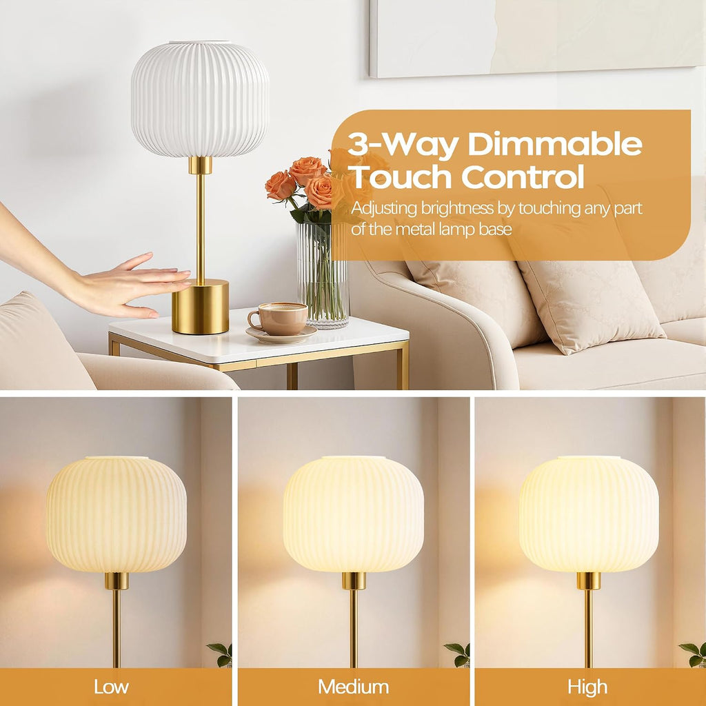 QiMH Glass Table Lamp for Living Room, Modern Bedside Lamp with Gream Ribbed Glass Shade, 3-Way Dimmable Touch Control Nightstand Lamp…