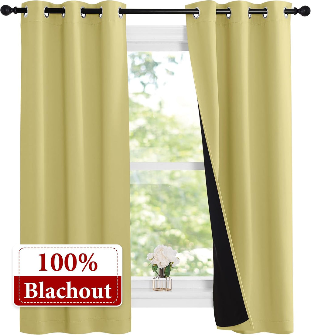 Nicetown 100% Blackout Short Curtains with Black Liners, 2 Panels, 37" W by 60" L, Paler Yellow, Thermal Insulated Full Blackout 2-Layer Li…