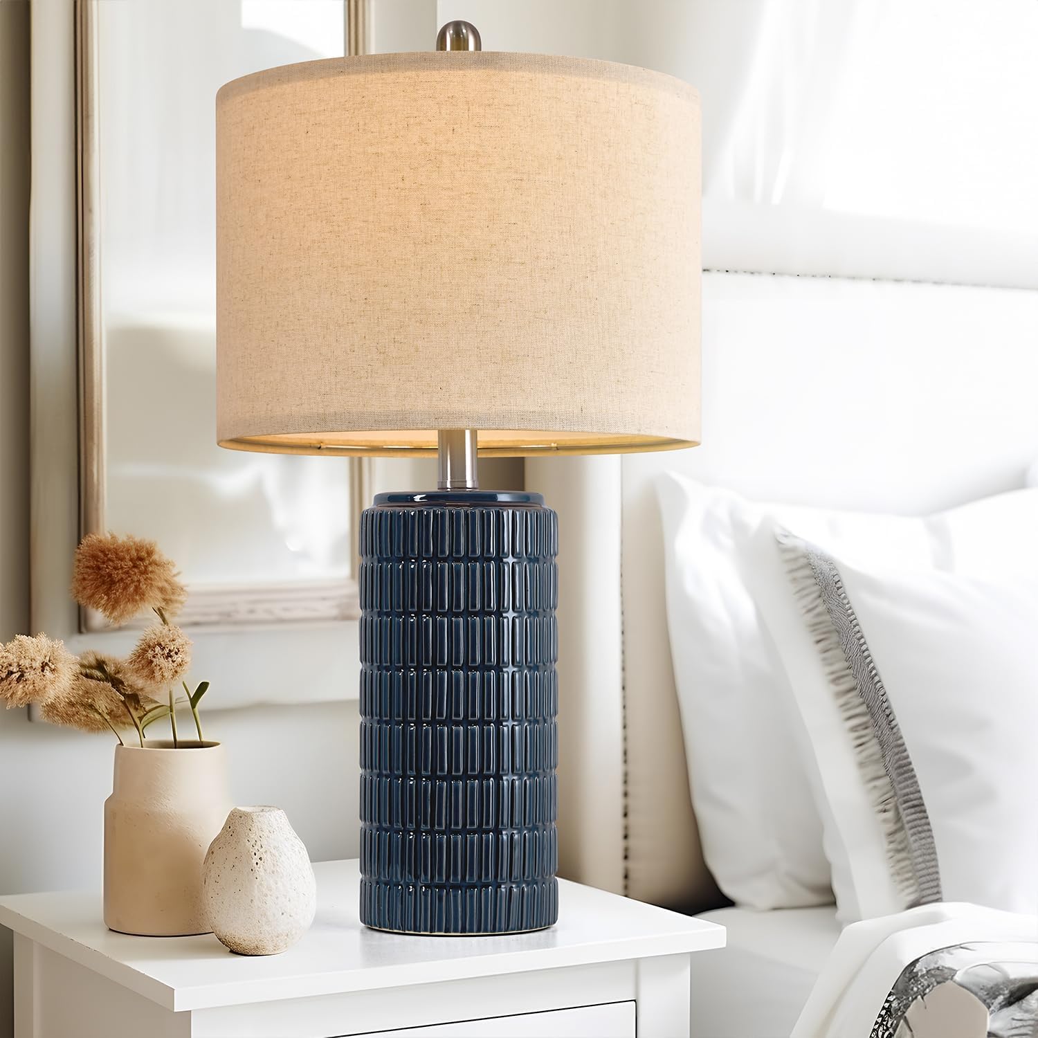 PoKat 23" Blue Table Lamps, Farmhouse Bedside Lamps for Bedroom Set of 2, Ceramic End Table Lamps for Living Room, Traditional Nightstand…