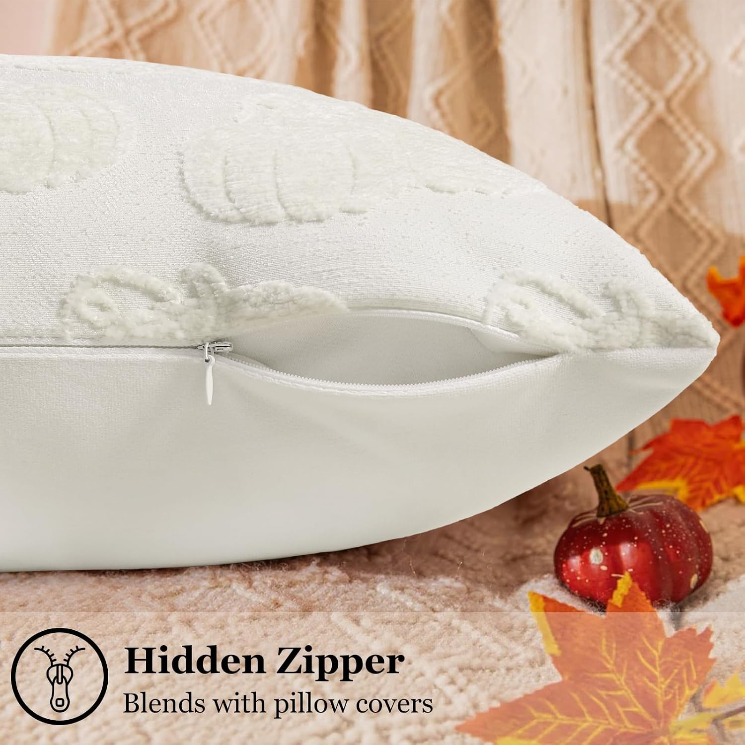 decorUhome Decorative Two Cream White Pumpkins Thanksgiving Throw Pillow Covers 18x18 Set of 2, Soft Chenille Jacquard Farmhouse Textured…