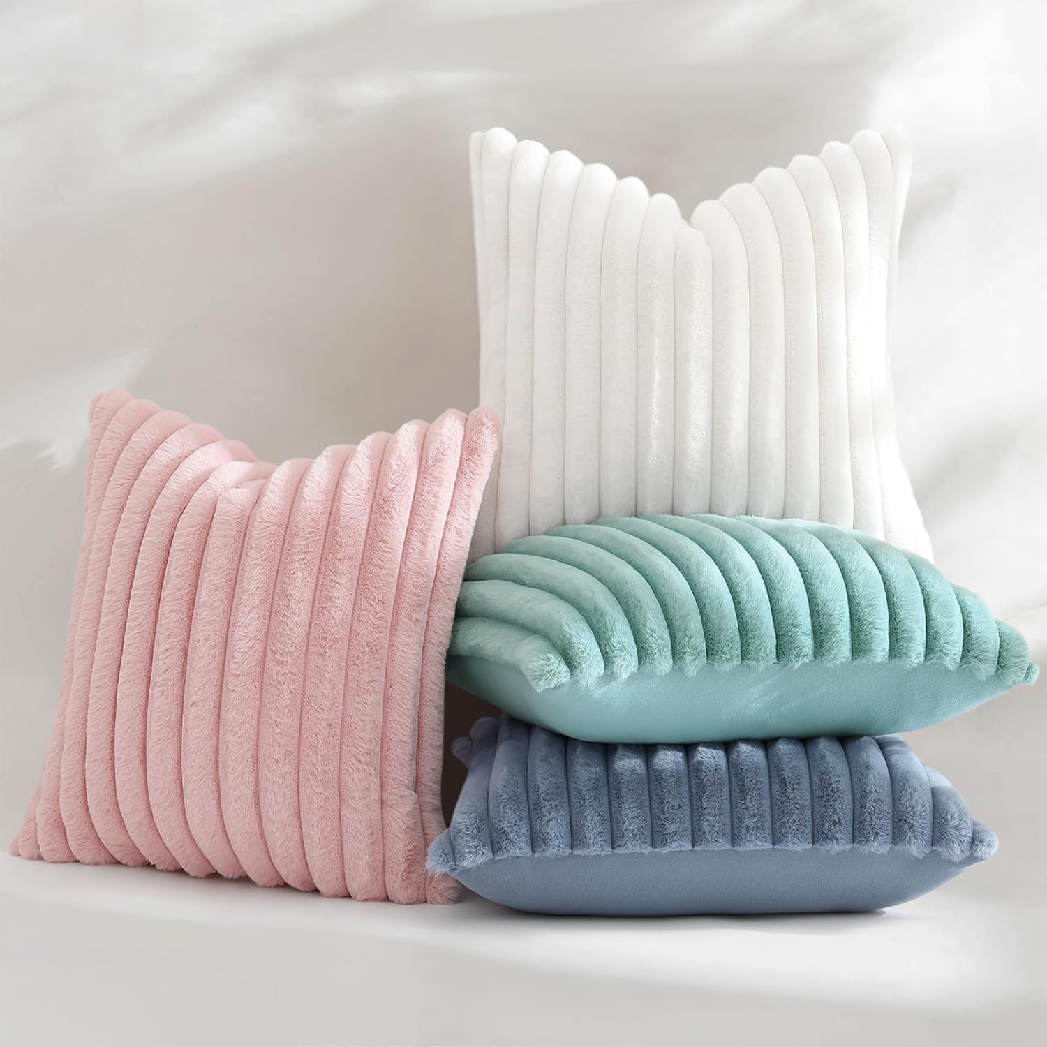 decorUhome Summer Cozy Faux Fur Throw Pillow Covers 24x24 Set of 2 Decorative Soft Plush Striped Modern Farmhouse Boho Couch Euro Sham Pill…