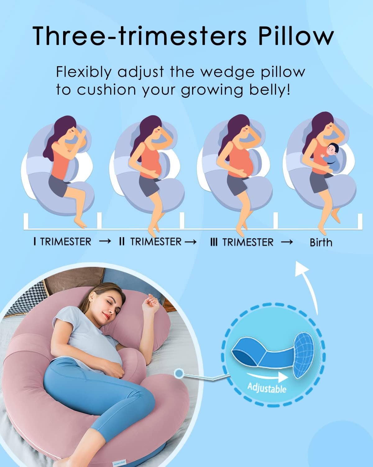 Queenrose QUEEN ROSE Cooling Pregnancy Pillows, E Shaped Maternity Pillow for Sleeping, with Extra Wedge Pillow for Belly Support, 60 Inch…