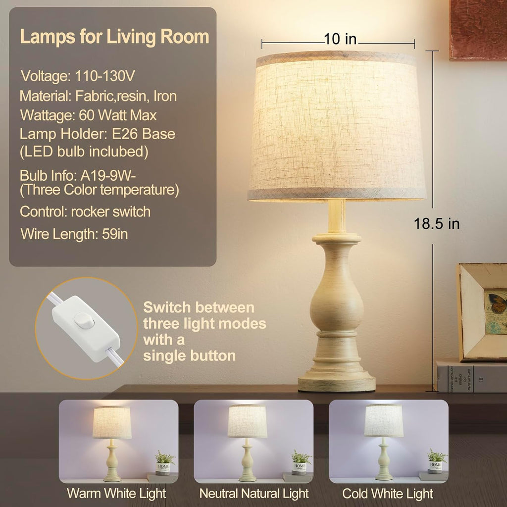 Vintage Table Lamp for Living Room Bedroom, 18.5" Farmhouse Bedside Lamps Nightstand Lamp Set of 2, Table Lamps with Oatmeal Linen Lamp…