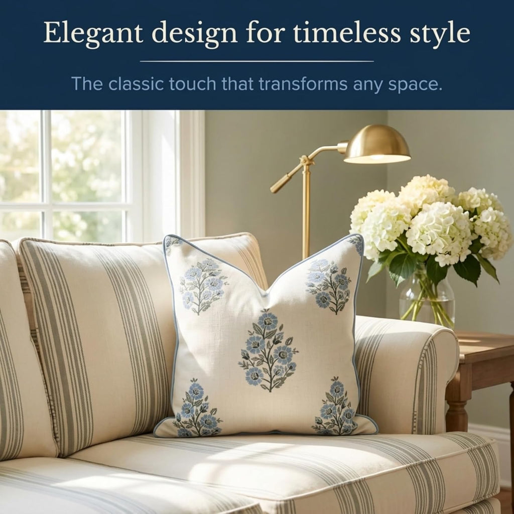 Jillien Harbor “The Camille” Floral Block Print Pillow Cover – Soft Blue and White Decorative Throw Pillow Cover – Grandmillennial Home…