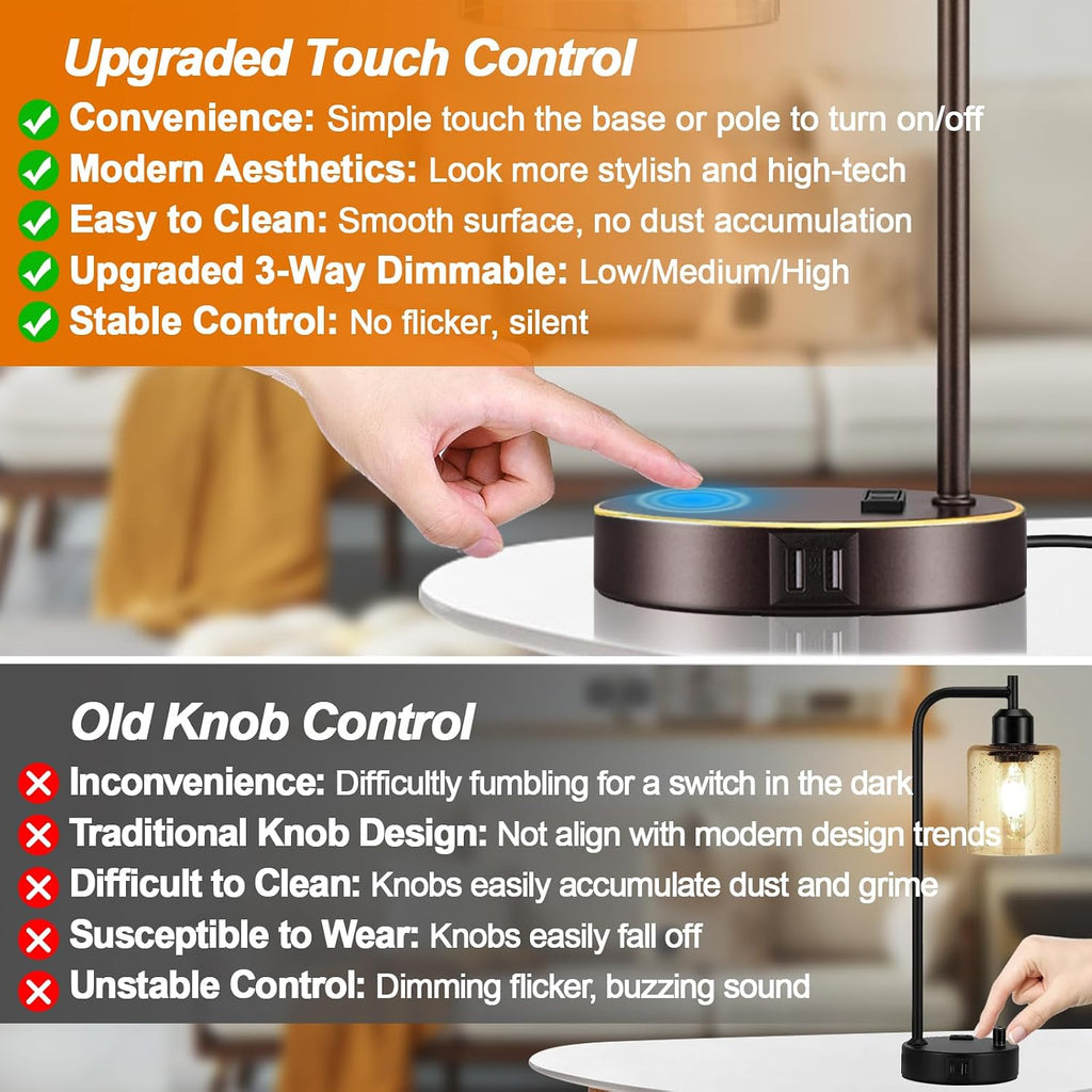 Industrial Touch Table Lamps Set of 2 - Bedside Lamps with 2 USB Ports & AC Outlet, 3-Way Dimmable Nightstand Desk Lamp for Bedroom…