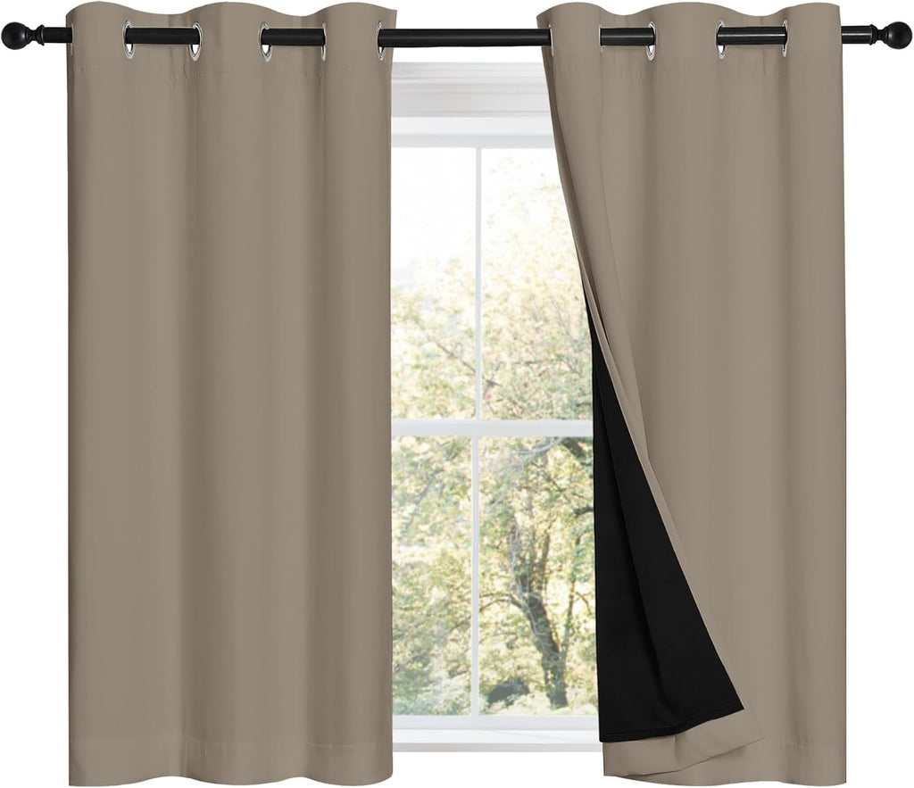 Nicetown 100% Blackout Short Curtains with Black Liners, 2 Panels, 37" W by 40" L, Taupe, Solid Thermal Insulated Full Blackout 2-Layer Lin…