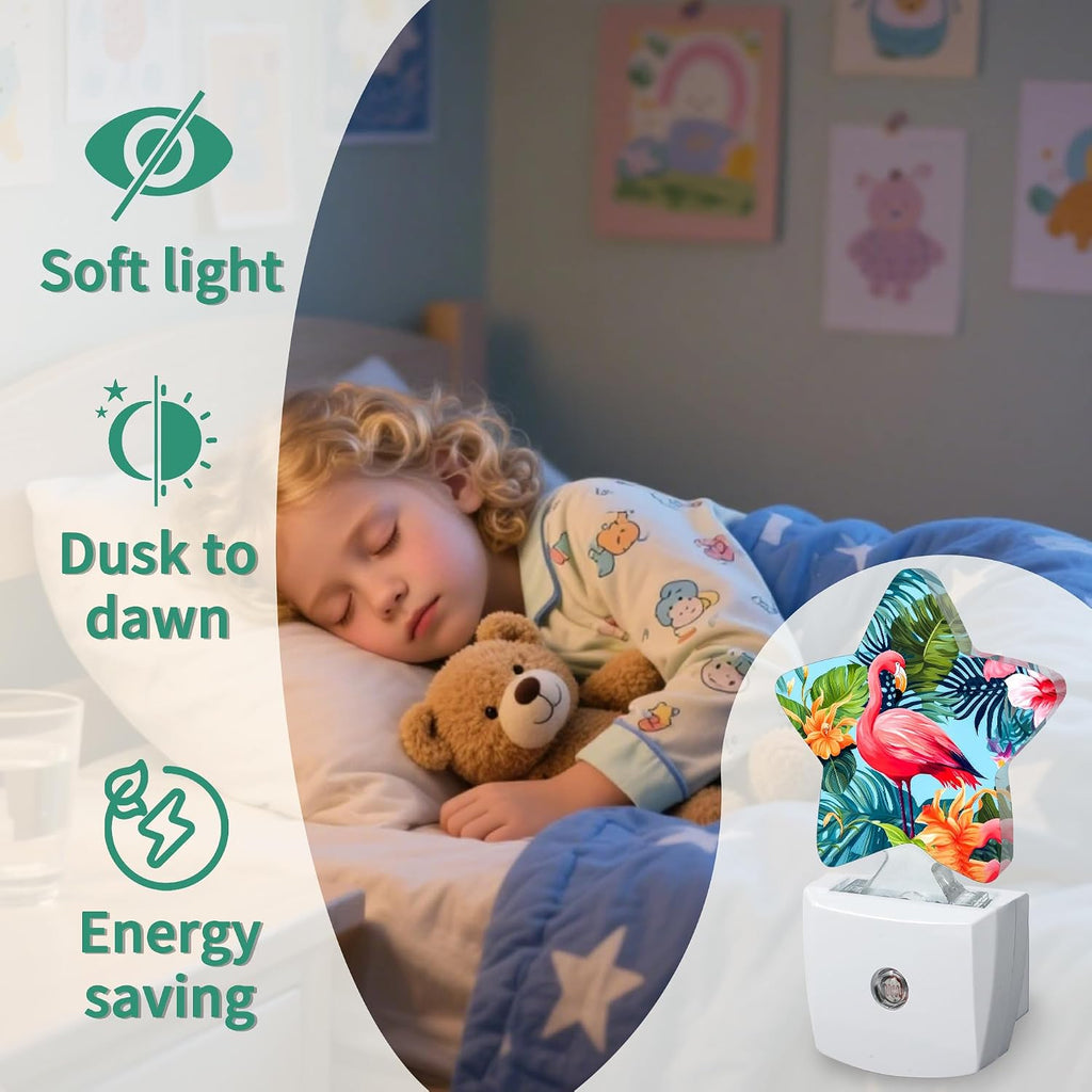 Star Night Light Plug in, Tropical Flamingo Dusk to Dawn Sensor Night Light, Soft Glow Lamp for Kids Bedroom Nursery Hallway Bathroom…