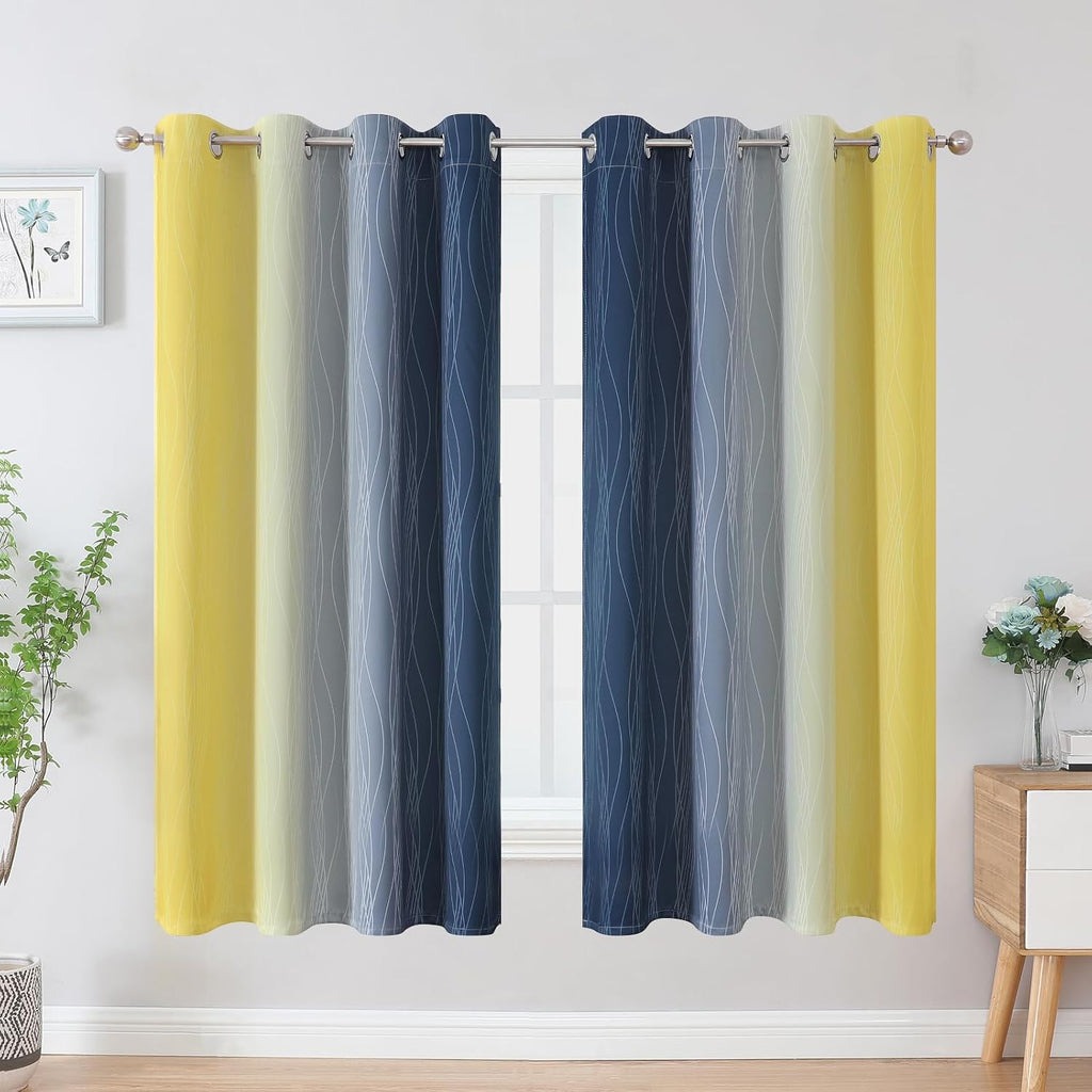 Estelartextiler Estelar Textiler Navy Blue and Yellow Blackout Curtains 63 Inch Length 2 Panels Set, Full Room Darkening Grommet Ombre Curt…