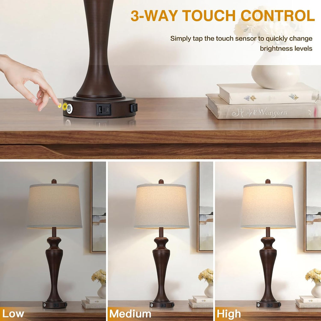 Ruzectt 30 Inch Brown Table Lamps Set of 2, 3-Way Dimmable Touch Bedside Lamp with USB A+C Ports and AC Outlet, Tall Living Room Lamps…