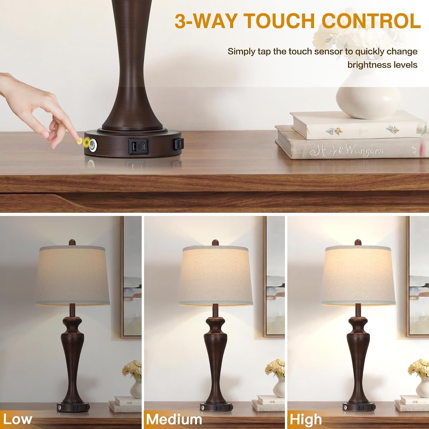 Ruzectt 30 Inch Brown Table Lamps Set of 2, 3-Way Dimmable Touch Bedside Lamp with USB A+C Ports and AC Outlet, Tall Living Room Lamps…