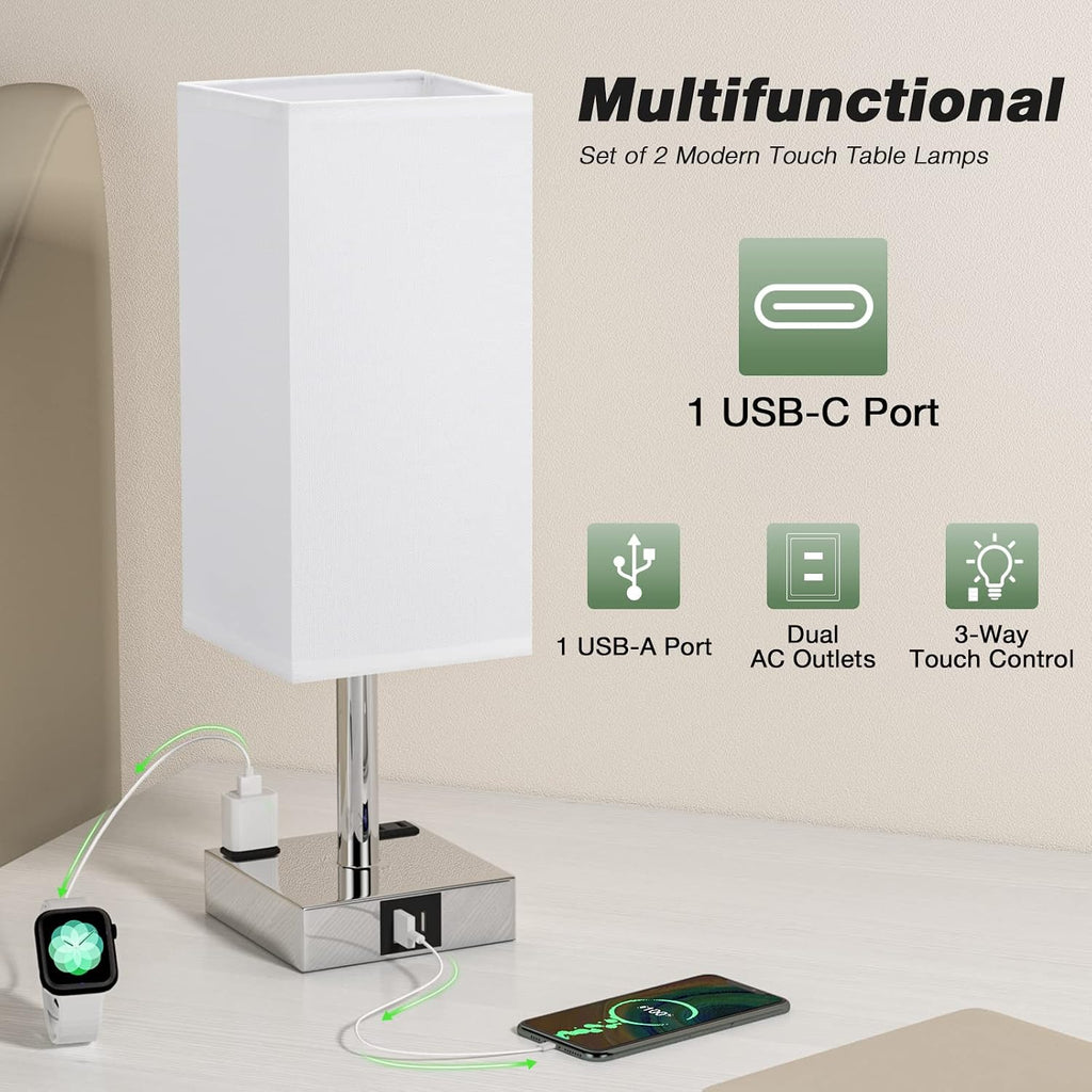 aooshine Set of 2 Touch Nightstand Lamp with USB-C+A Charge Ports& AC Outlets, 3-Way Dimmable Bedside Lamp with White Fabric Shade, Small…