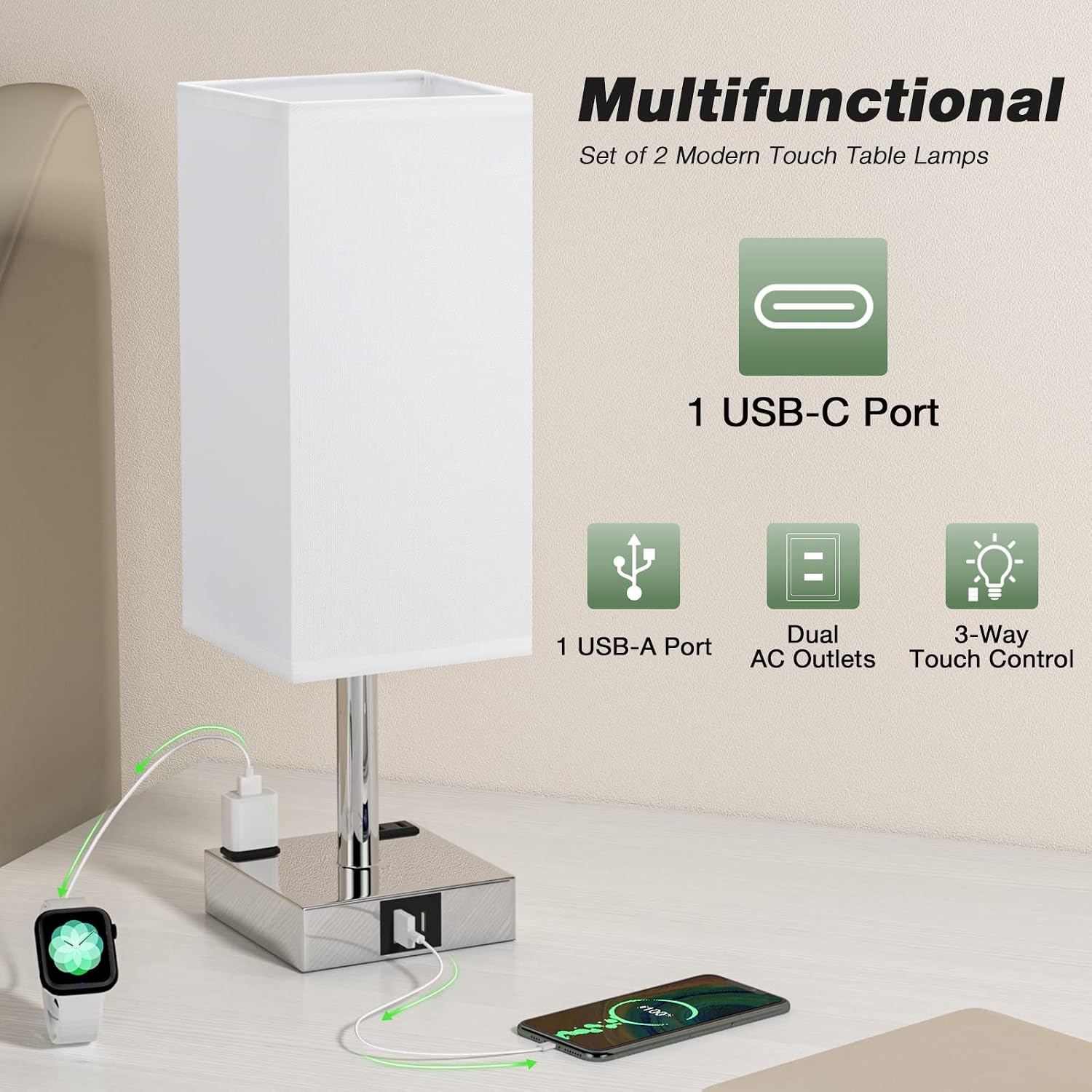 aooshine Set of 2 Touch Nightstand Lamp with USB-C+A Charge Ports& AC Outlets, 3-Way Dimmable Bedside Lamp with White Fabric Shade, Small…
