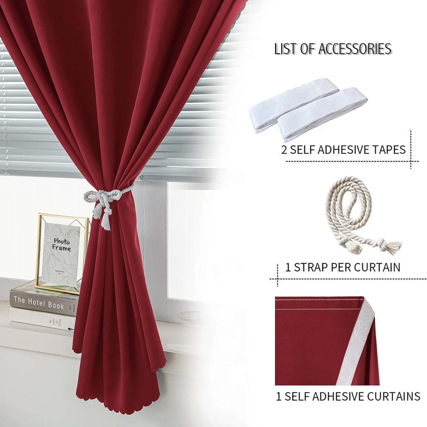 Self Adhesive Curtains, Stick Curtain Blackout Shades Window Cover Curtains for Living Room No Drilling, 47" W X 71" L, Burgundy, 1 Panel
