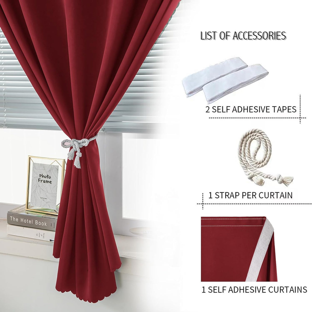 Instant Blackout Window Curtain with Reusable Adhesive, Thermal Insulated Fabric for RV Camper Small Windows, 71" W x 72" L, Burgundy, 1…