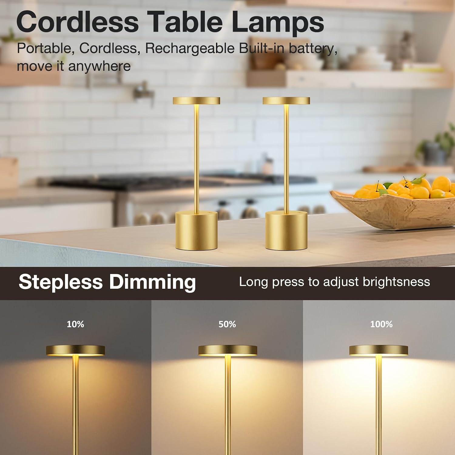 Kakanuo Gold Cordless Lamp Set, Rechargeable Lamps, 3 Color Temperature, LED Outdoor Wireless Lamp, Battery Operated Lamps, Stepless…