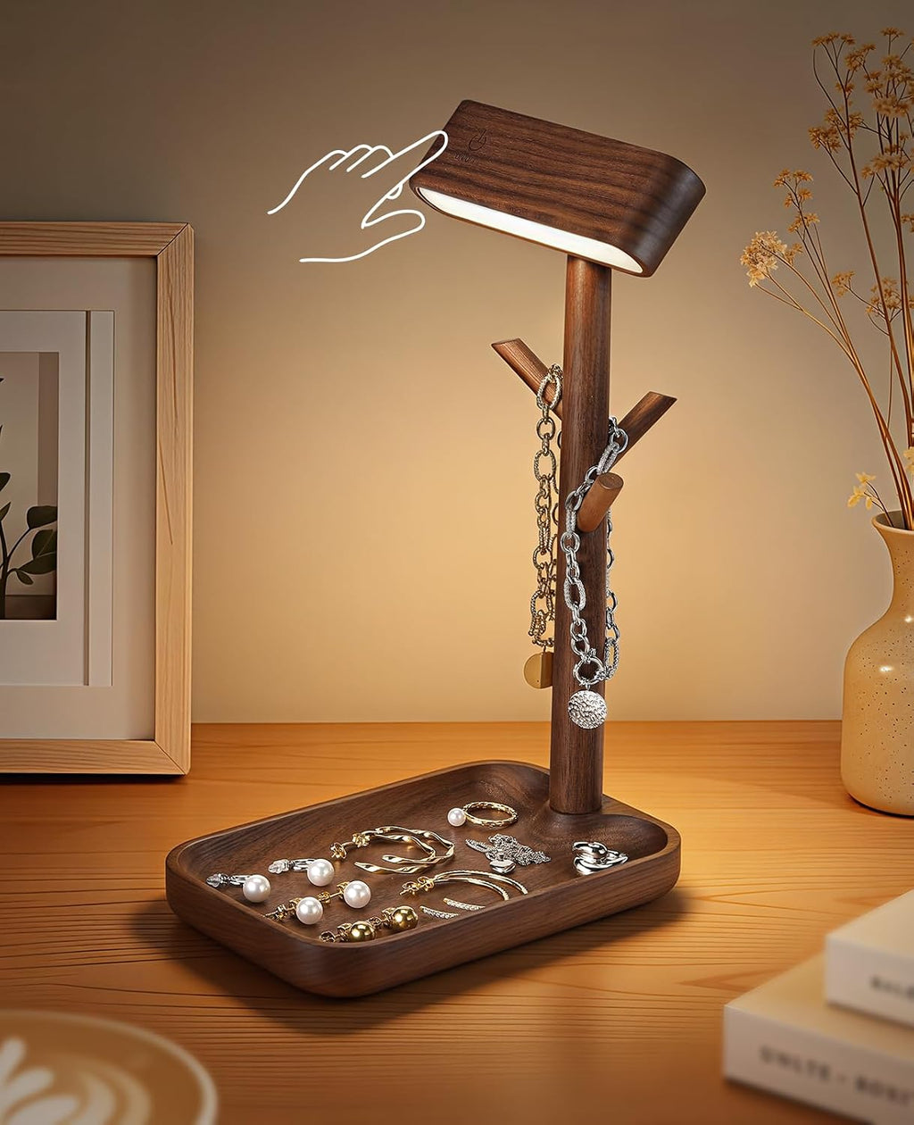 Wooden Table Lamp, Tree Trunk Rechargeable LED Bedside Lamp with Jewelry Tray, 360° Rotating Cordless Lamp for Nightstand or Entryway…