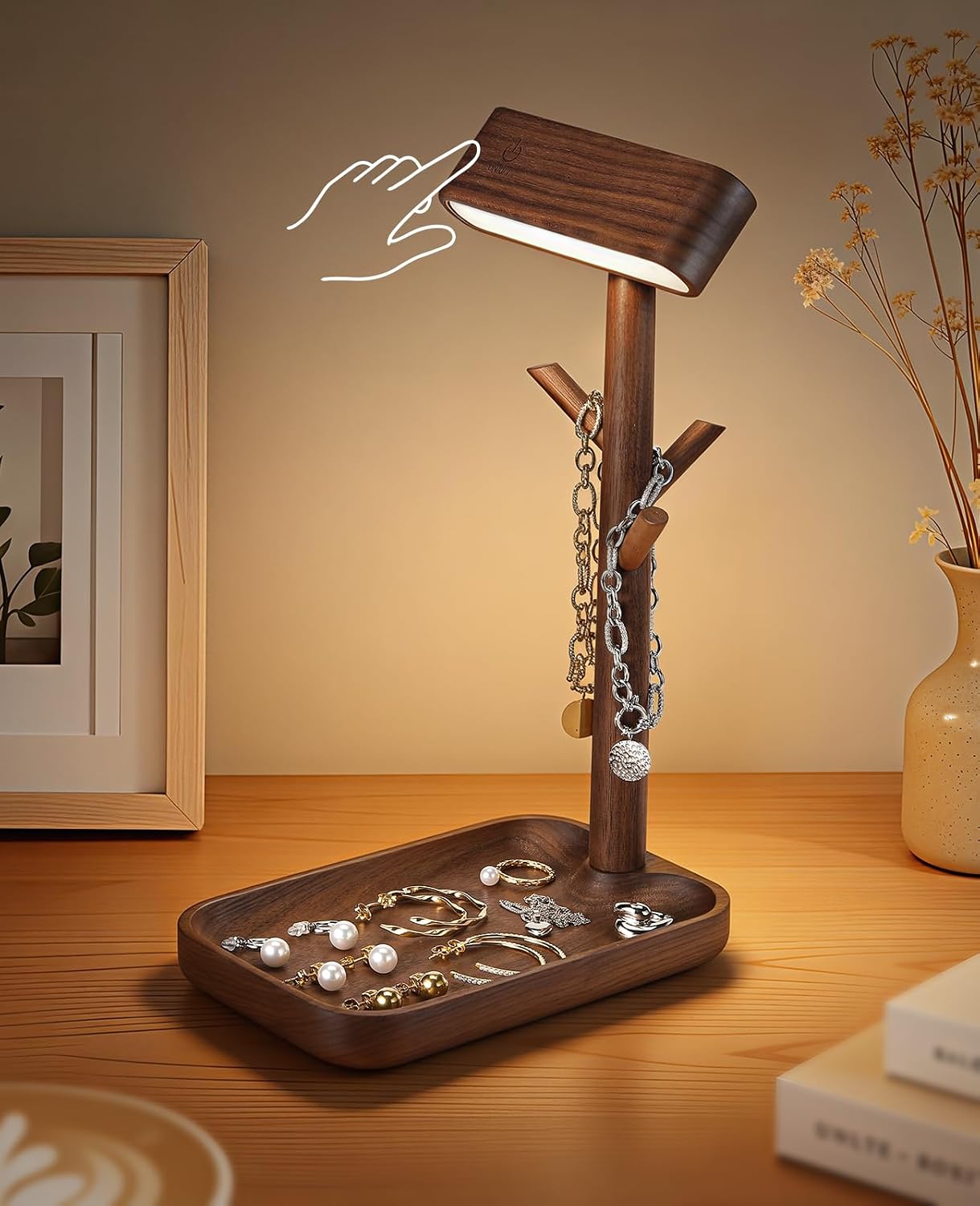 Wooden Table Lamp, Tree Trunk Rechargeable LED Bedside Lamp with Jewelry Tray, 360° Rotating Cordless Lamp for Nightstand or Entryway…