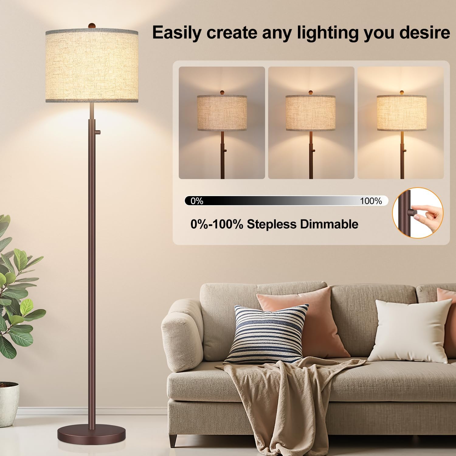 Nintiue 【Upgraded】 Dimmable Floor Lamp for Living Room, 11W LED Bulb Included, Modern Standing Lamp, Tall Pole Light with Linen Shade for…