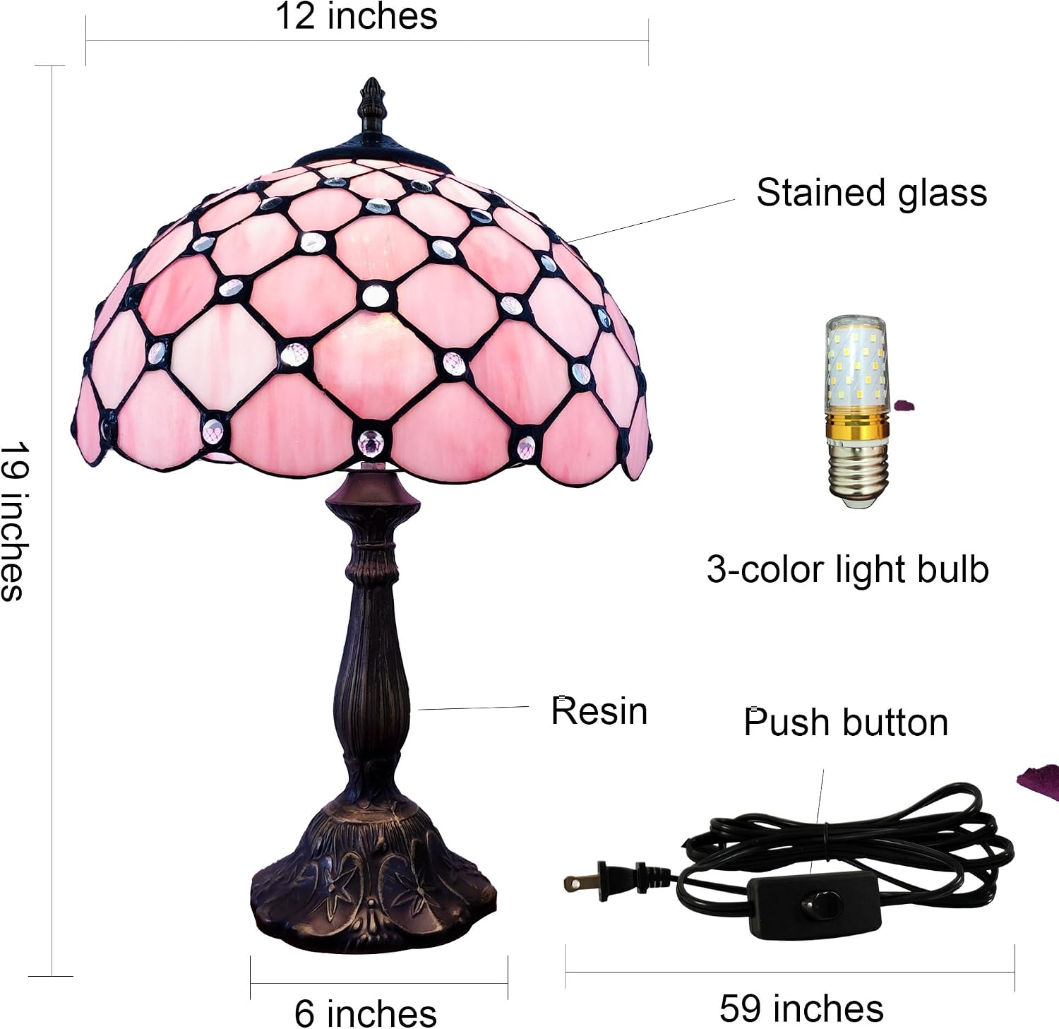 Tiffany Lamp Stained Glass Table Lamp Antique Bedside Desk Reading Light 3-Way Color LED Living Room Nightstand Light 12X12X19 Inches…
