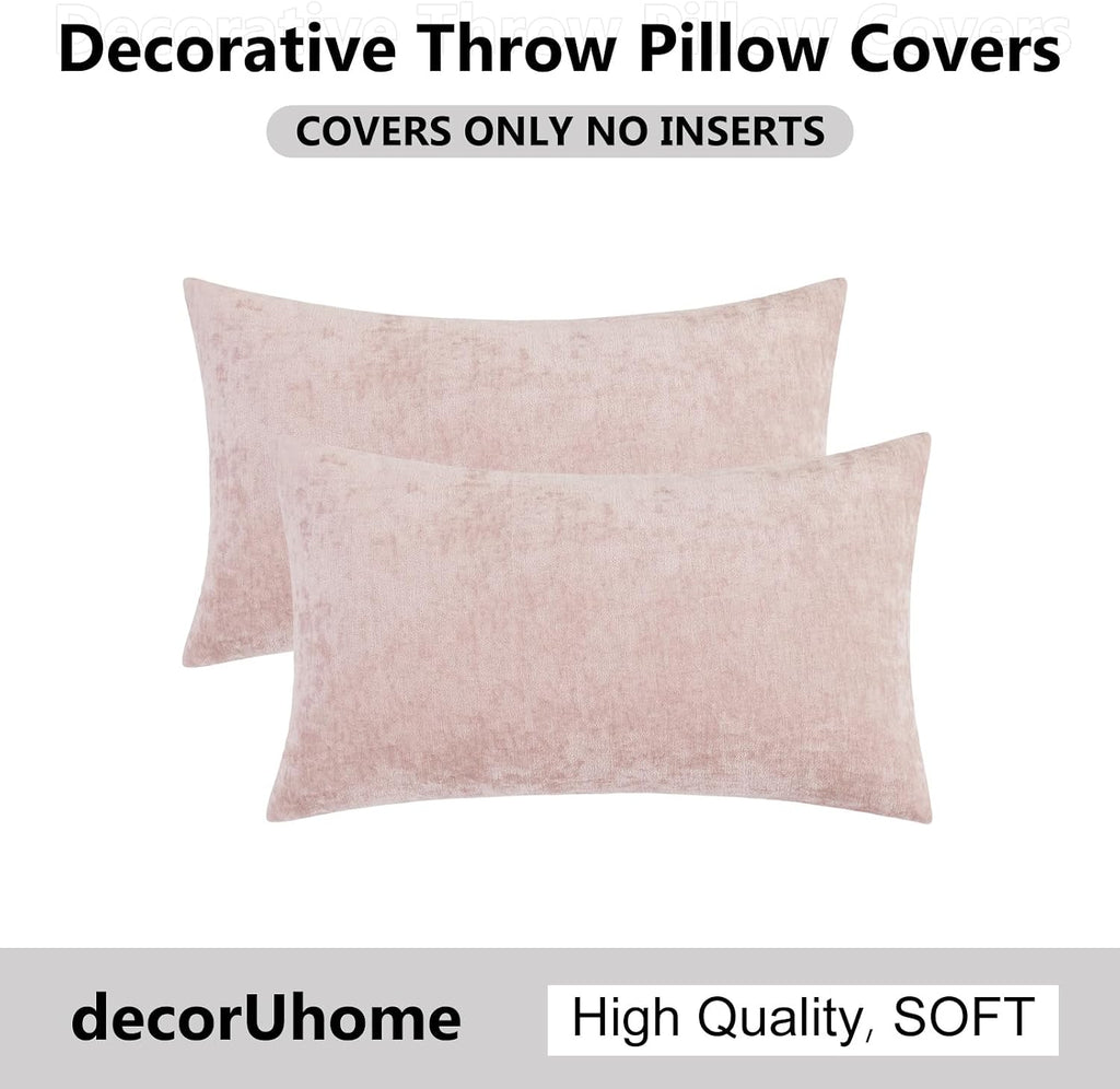 decorUhome Chenille Blush Pink Summer Throw Pillow Covers 12x20 Inch Set of 2, Decorative Soft Couch Pillow Covers Solid Dyed Accent Farmho…