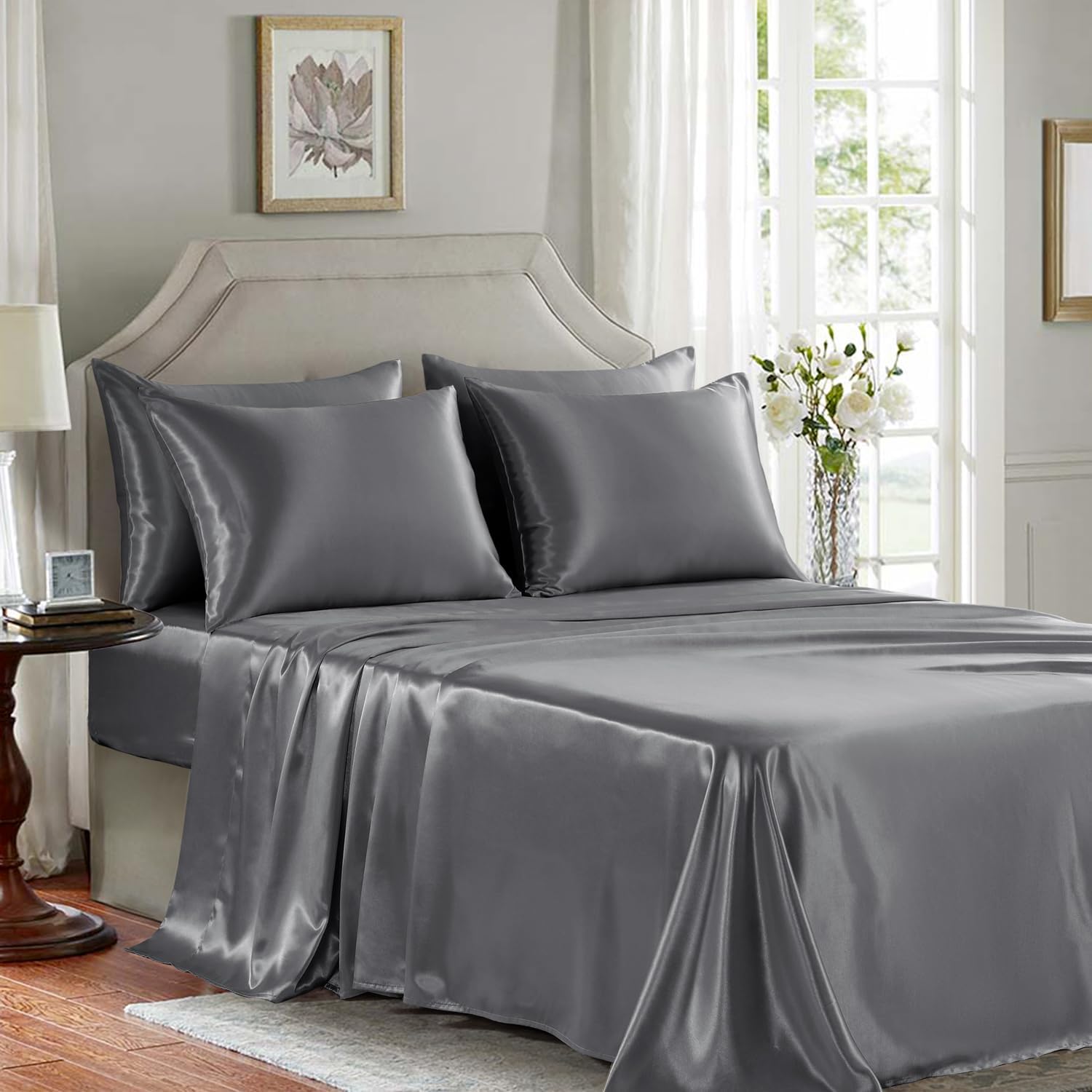 Golal Satin Sheets Full Size - 6 Pieces Luxury Silky Soft Bed Sheets, Wrinkle-Free Dark Grey Satin Silk Sheet Set with 1 Deep Pocket Fitted…