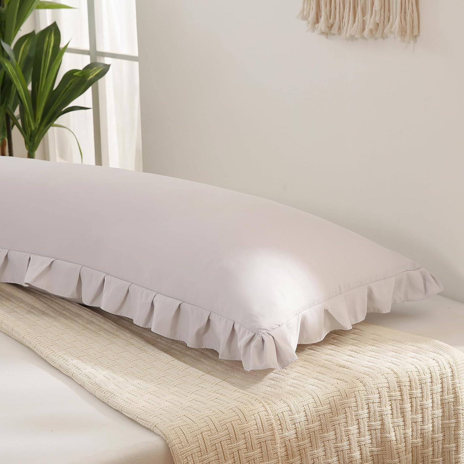Merryword Beige Gray Body Pillow Cover 20x54inches Long Pillowcase Ruffled Pillowcases Shabby Chic Ruffled Fringe Decor Body Ruffled Pillow…