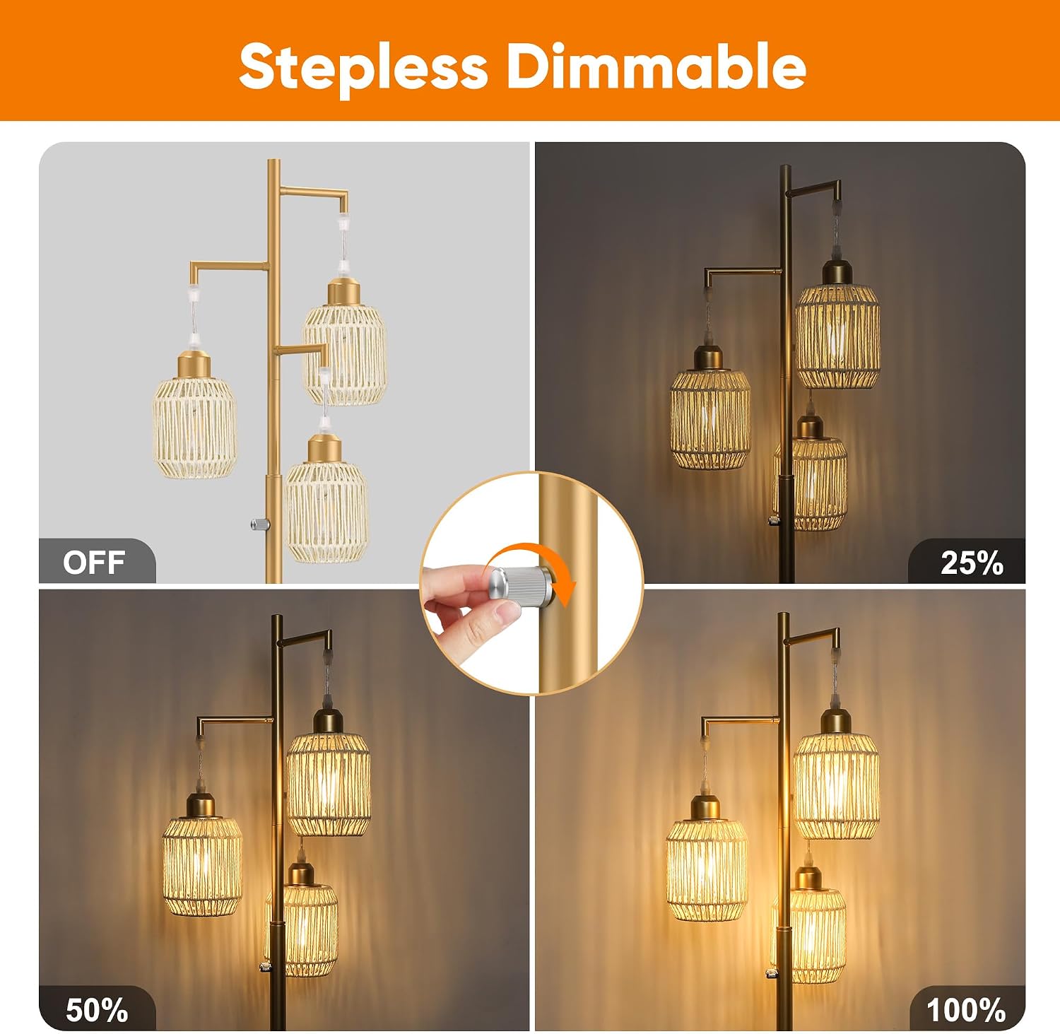 ROTTOGOON Dimmable Boho Floor Lamp - 3 Light Farmhouse Rattan Floor Lamp for Living Room, Industrial Tree Floor Lamps with 3 X 6W LED…