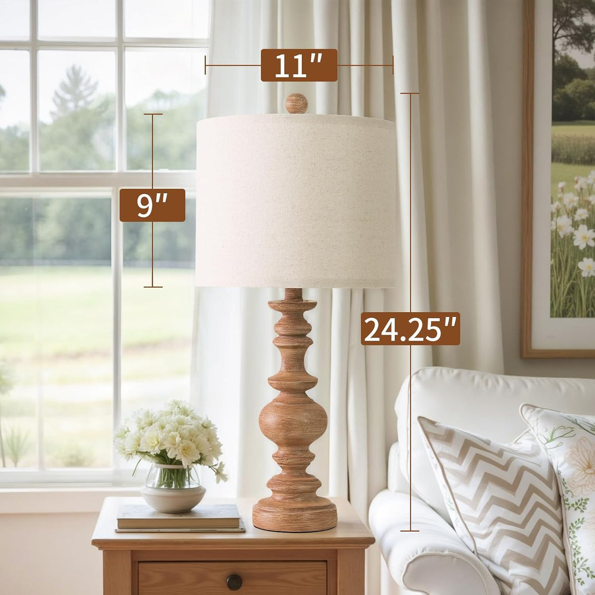 BOBOMOMO 24" Farmhouse Table Lamps Set of 2 – Rustic Light Brown Resin Bedside Lamps with Linen Shades, Medium Size Nightstand Lamps for…