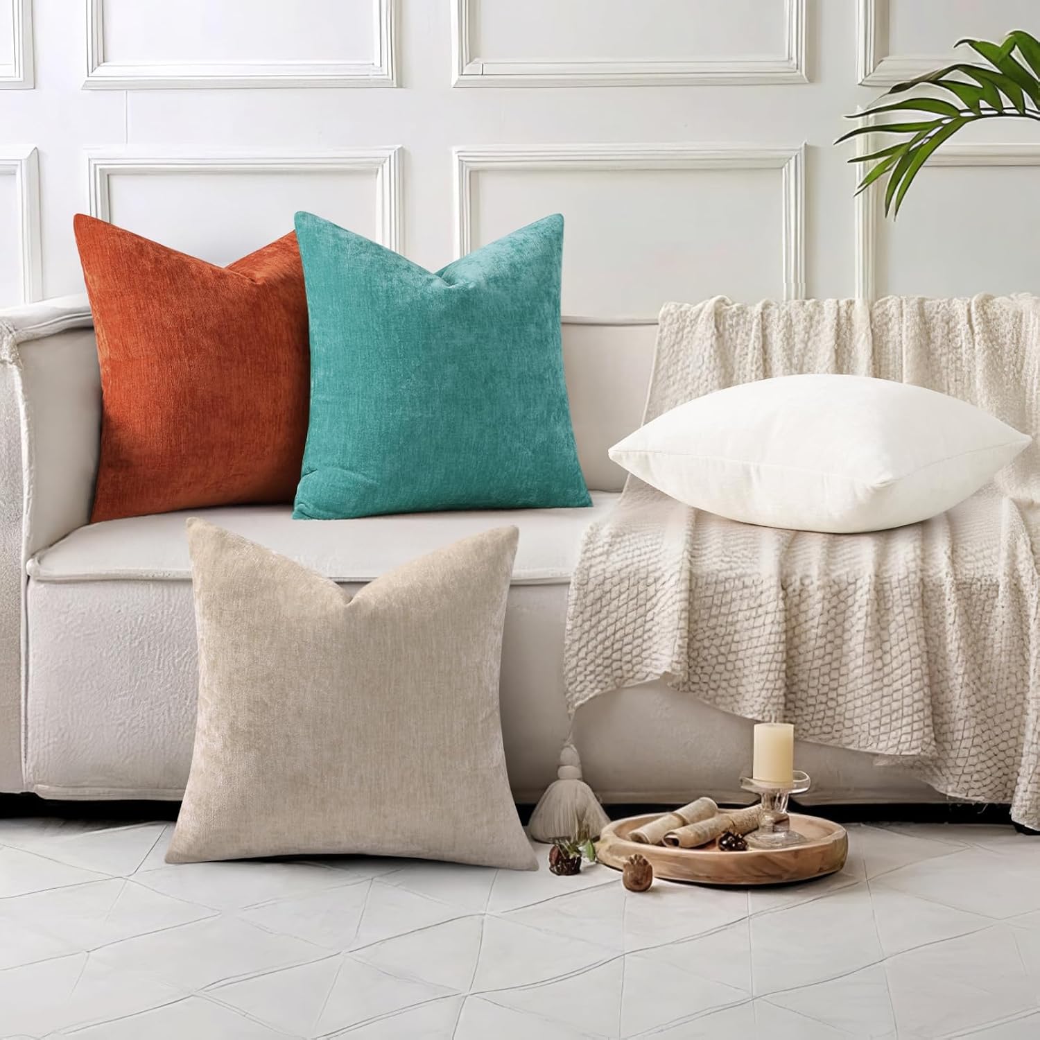 decorUhome Chenille Turquoise Summer Throw Pillow Covers 22x22 Inch Set of 2, Decorative Soft Couch Pillow Covers Solid Dyed Accent Farmhou…