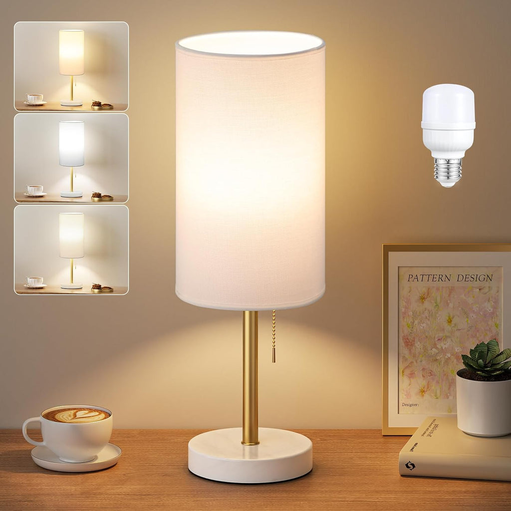 Dicoool Tall Bedside Table lamp for Bedroom - Luxury Marble Base & 3 Color Temperatures Bedside Lamps, Pull Chain Gold Table Lamps, White…