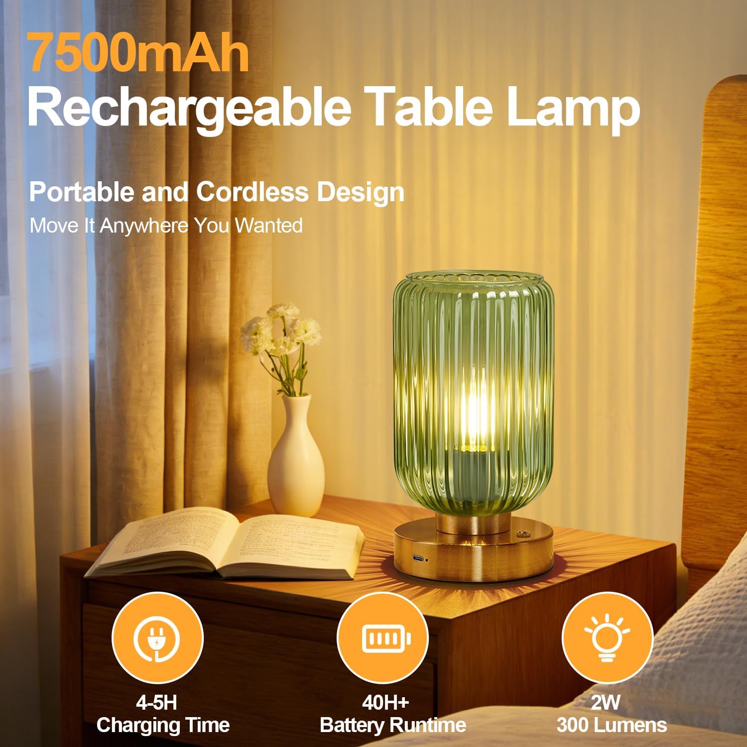 LightRound Cordless Table Lamp for Bedroom, 7500mAh Rechargeable Battery Operated Lamp, Modern Touch Dimmable Wireless Lamp Gold Base…