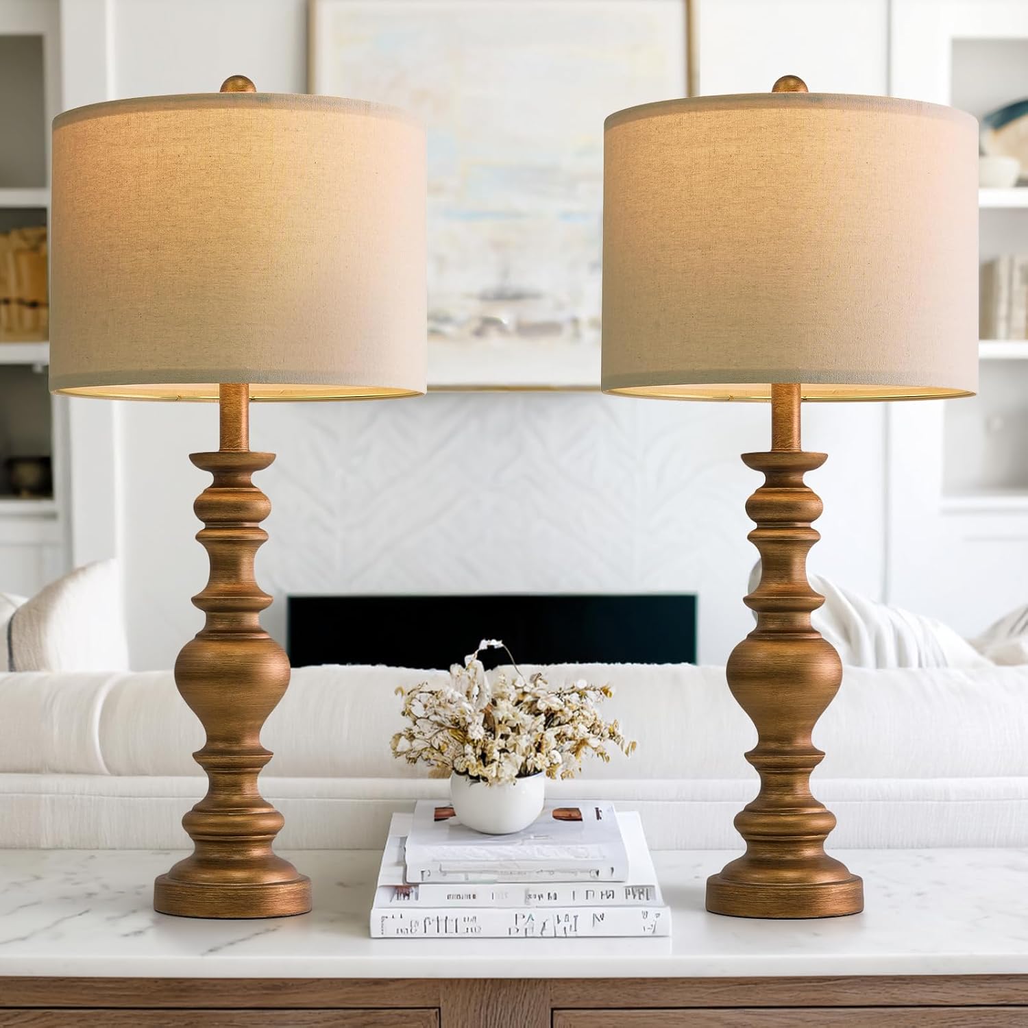 BOBOMOMO 27" Antique Gold Table Lamps Set of 2, Elegant Large Resin Lamps with Linen Shades, Gold Traditional Lamps for Bedroom, Living…