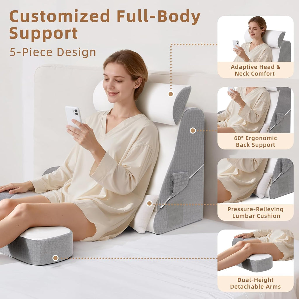 Esuerdo 5PCS Reading Pillow for Sitting in Bed Adult, 2 in 1 Foldable Back Wedge Pillow for Sleep, Ergonomic Back Support Pillow with Arms…
