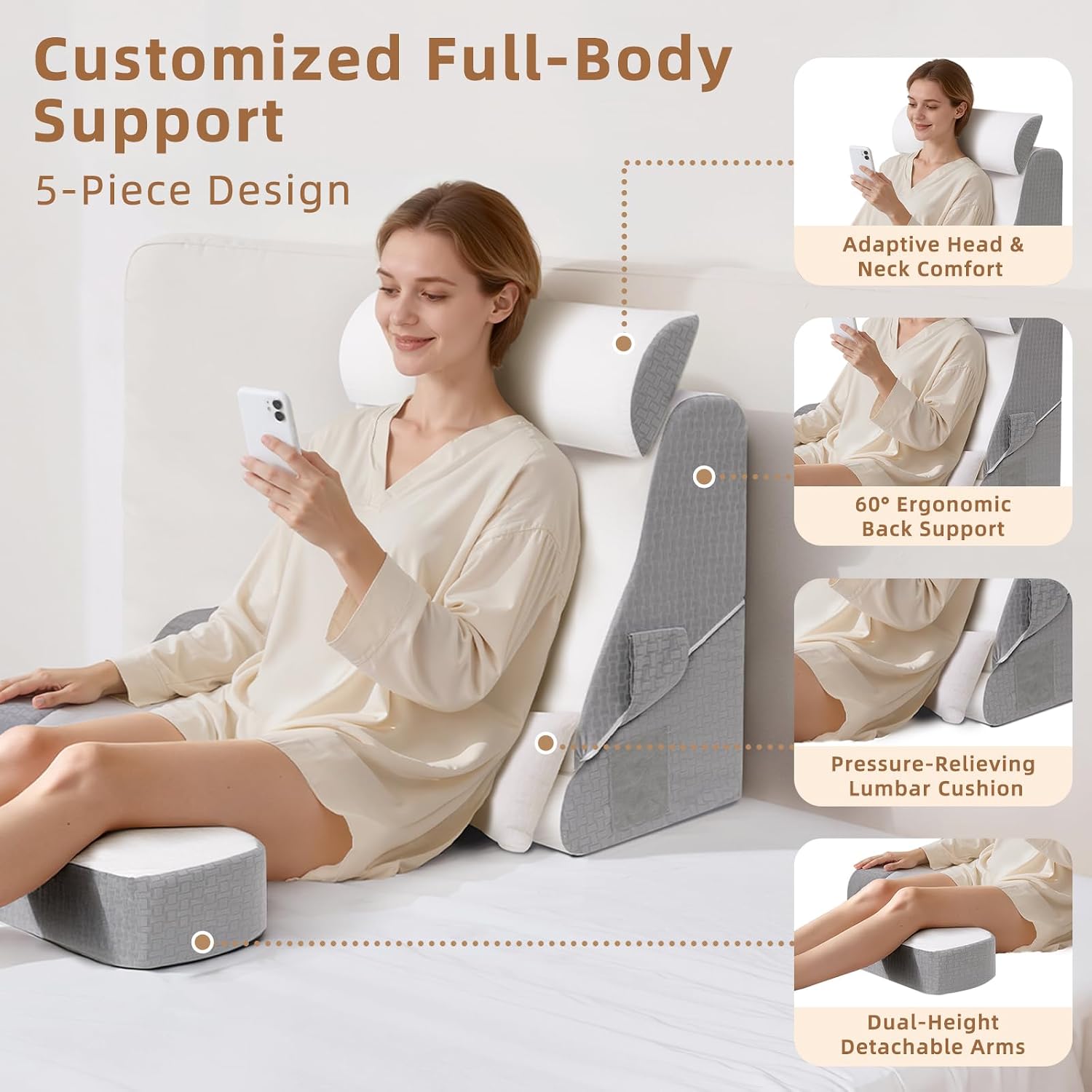Esuerdo 5PCS Reading Pillow for Sitting in Bed Adult, 2 in 1 Foldable Back Wedge Pillow for Sleep, Ergonomic Back Support Pillow with Arms…